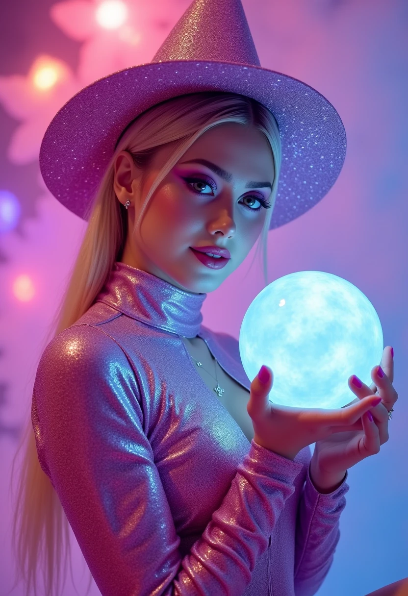 This is a highly stylized, vibrant photograph featuring a young woman with a fair complexion and long, straight blonde hair styled in a sleek, low ponytail. She is wearing a glittering, iridescent pink and purple sequined outfit that covers her entire torso, including a high-necked, long-sleeved top. Her outfit is complemented by a large, wide-brimmed hat adorned with the same sequins, adding a touch of whimsy and eccentricity to her appearance. 

The woman's makeup is striking, with dramatic, smoky purple eyeshadow that extends to her eyebrows, and a glossy pink lip color that matches her outfit. She is holding a large, glowing crystal ball in her right hand, which emits a soft, ethereal blue light that contrasts beautifully with the surrounding hues. 

The background is a blurred, out-of-focus mix of various colors, including pink, purple, and blue, creating a dreamy, almost otherworldly atmosphere. The lighting is soft and diffused, casting a warm glow over her face and the crystal ball, enhancing the magical, mystical vibe of the image. The overall style is reminiscent of fantasy or fairy tale photography, blending elements of glamour and enchantment. M4RL1