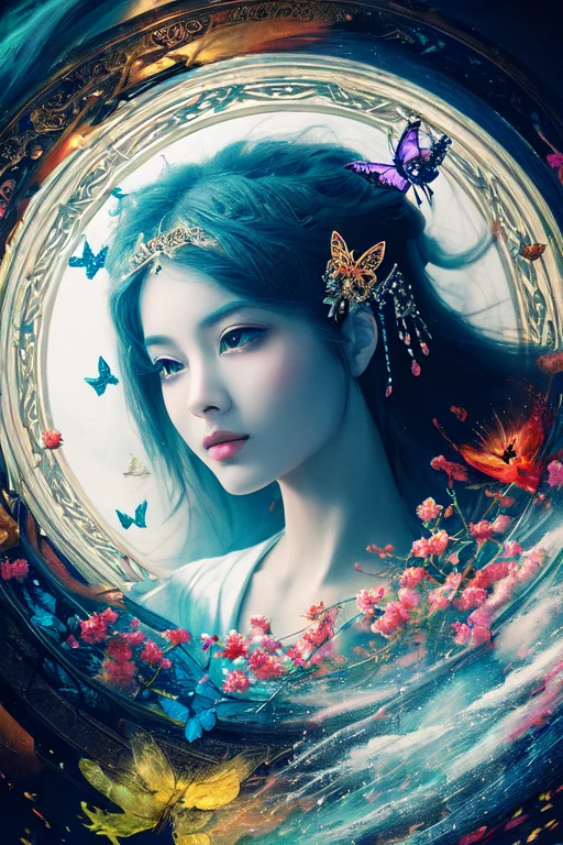 8k high quality, detailed, colorful analog photo, masterpiece, photorealistic, vibrant color film, masterclass, heavy (film grain), ,hanfu, floating,oriental architecture,eastern garden,butterfly,wildlife,cloudy and smoke,soft lighting,fairy world,zhongfenghua,aesthetic,masterpiece,photorealistic,entangle,mandala,tangle,entangle,ecstasy of flower,dynamic angle,the most beautiful form of chaos,elegant,a brutalist designed,vivid colours,romanticism,atmospheric,(fluttered detailed ink splashs), (illustration),1girl,(long hair),electronics, motors, wires, buttons, lcd,lacivious pose,(expressionless ,hair ornament:1.4)chinese clothes,(focus on), color Ink wash painting,(ink splashing),color splashing,((colorful)),[sketch], Masterpiece,best quality, beautifully painted,highly detailed,(denoising:0.7),[splash ink],yin yang,a lot of details,mysterious expression, in a modern and abstract setting, with bold and colorful abstract art, photo shot from front,highly-detailed, (flat color:1.1),(colorful:1.3),(masterpiece:1.2), best quality, masterpiece, original, extremely detailed wallpaper,from everywhere, looking at viewer,upper body, full body,there is an ancient palace beside the girl,oriental city,eastern architecture,a lot of details,mysterious expression, in a modern and abstract setting, with bold and colorful abstract art,bright lighting, studio (analog film:1.3) (vhs movieotorealistic) (screencap) (cinematic lighting) (sharp focus) (80sDarkFantasySD15b:1.0),,natural lights, photorealism, cinematic,