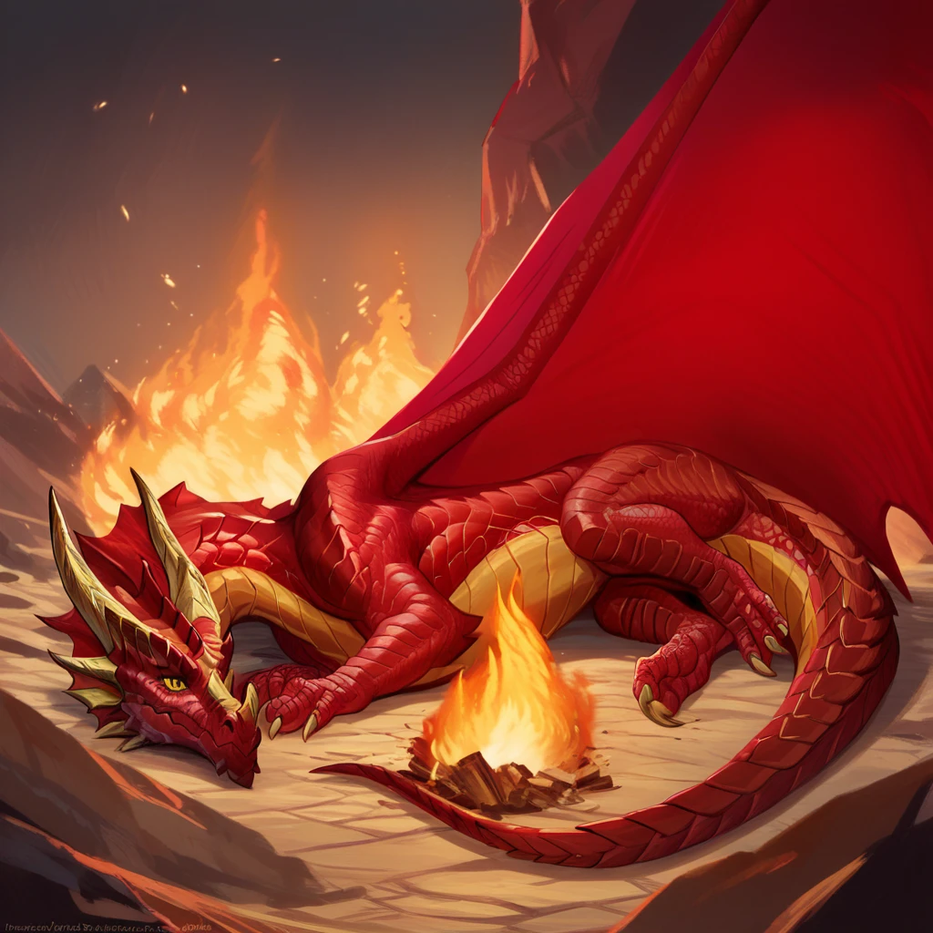 score_9, score_8_up, 2.5d, masterpiece, highres, absurdres, source_cartoon , 
BREAK
feral dragon, yellow eyes, gold horns, reddrg, (red scales:1.5), lying on side , fire, horn, wings, red body, solo, tail, scalie, hi res   