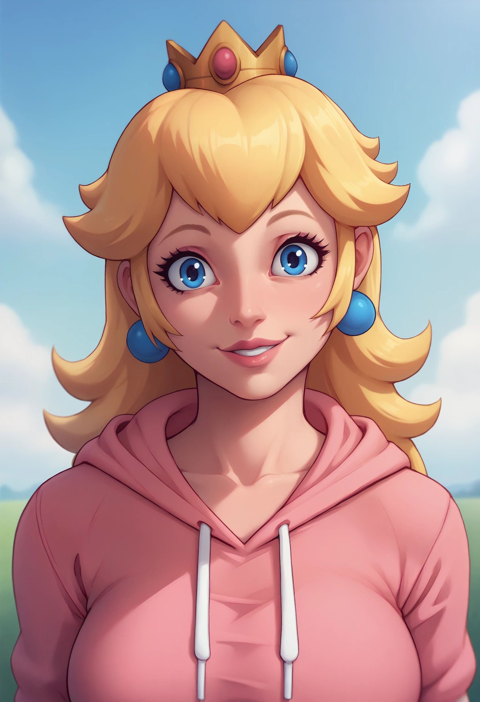 <lora:mutantproject-guy-PONY-DORAv1:1>, mutct, score_9, score_7_up, 1girl, solo, blonde hair, pink hoodie, looking at viewer, depth of field, outdoors, blue sky, princess peach, mature female, looking at viewer, head tilt, smile