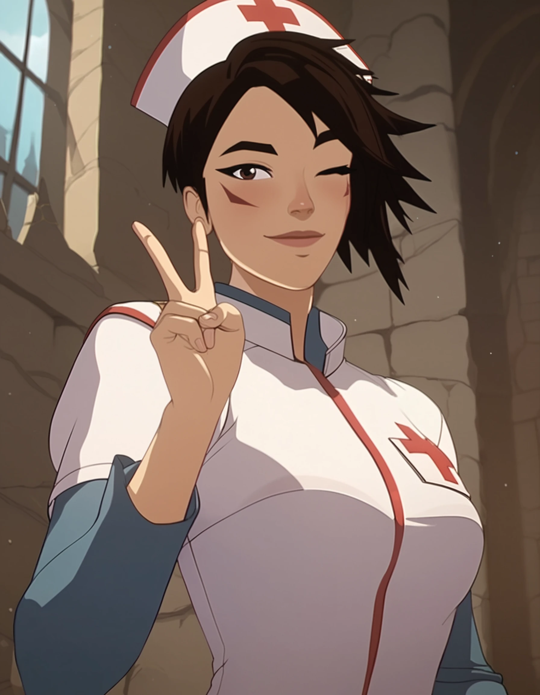 score_9, score_8_up, score_7_up,

amaya tdp, 1girl, female focus, solo, brown eyes, black eyes, short hair, scar, black hair, brown hair, bangs,

nurse outfit, v fingers, wink, bend over, smile,

castle, stone wall, windows, looking at viewer,