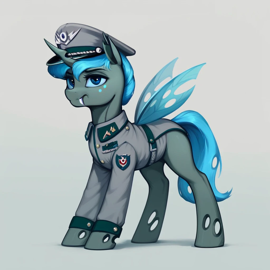 masterpiece, score_9_up, score_8_up, score_7_up, score_6_up, (best quality:1.1), ultra-detailed, high resolution, solo, Carolina Phymata, changeling oc, female, mlp, feral, gray skin, short blue mane, blue eyes, eyebrows, blue freckles, blue insect wings, tail, single horn, ears, fangs, military uniform, military patches, peaked cap, full body, simple background, detailed facial features, expressiveh, simple background, highly visible, sharp focus, anatomically correct