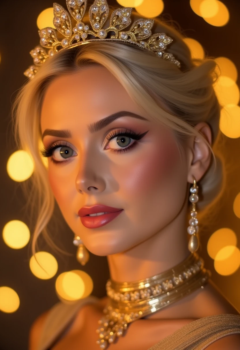 This is a high-resolution photograph featuring a blonde woman with an elegant and regal appearance. She has striking eyes, perfectly applied makeup with a focus on her well-defined eyebrows and bold, shimmery eyeshadow. Her lips are a soft pink, accentuated with a subtle gloss. Her hair is styled in a sophisticated updo adorned with a luxurious, gold headpiece that features intricate leaf designs.

The woman is dressed in a glamorous, gold ensemble, including a matching gold necklace and earrings that add to her opulent look. Her skin has a radiant, smooth texture, and her makeup gives her a glowing complexion. The background is blurred, with a bokeh effect that creates a warm, golden ambiance. The bokeh lights are in shades of yellow, orange, and gold, enhancing the luxurious feel of the image. The overall composition and lighting emphasize the woman's elegance and sophistication, making her the focal point of the photograph. The textures in the image include the softness of her skin, the intricate details of her jewelry, and the smooth, blurred bokeh lights, contributing to a visually rich and elegant atmosphere. M4RL1