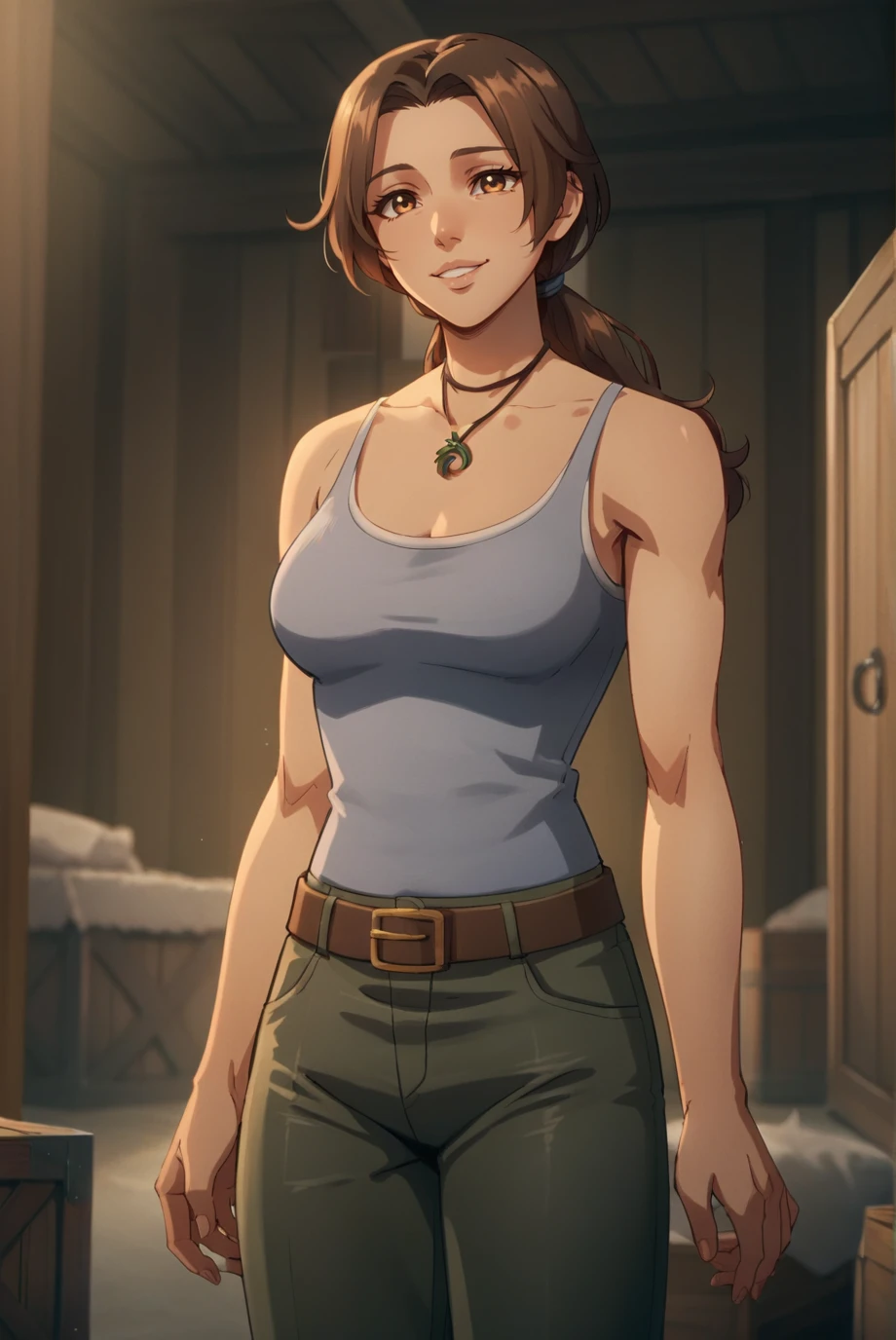 score_9, score_8_up, score_7_up, score_6_up, score_5_up, score_4_up, BREAK source_anime, 1girl, solo,
<lora:LaraCroftXL-v1-07:0.8>, ChopioLara, brown hair, brown eyes, looking at viewer,
long hair, low ponytail, hair tie, medium breasts, 
outfit_2, necklace, tank top, brown belt, green pants,
indoors, standing, parted lips, <lora:Concept_Dark2:0.8>, (dark, night:1.2), storage room, crate, leaning, light smile,