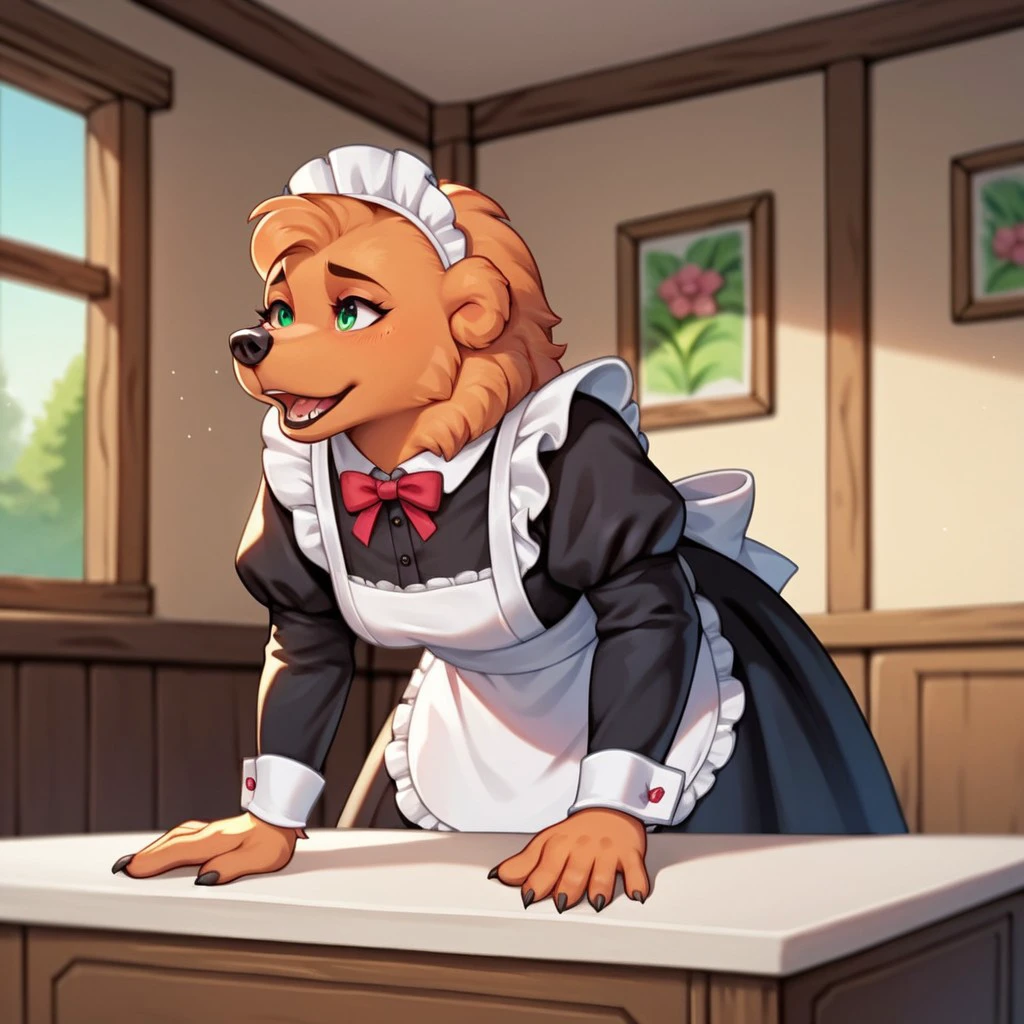 score_9, score_8_up, score_7_up, score_6_up, score_5_up, score_4_up, source_cartoon, sisterbear,  anthro, female, bear, brown fur,  maid outfit, inside, <lora:fcbf2c47-d99d-4d6d-8c5a-b1a285bc484b:0.7>