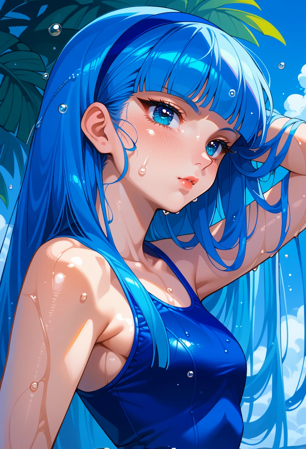 score_9, score_7_up, source_anime, solo, <lora:AEUmi-000009:0.8> BREAK AEUmiDef, blue eyes, blue hair, blunt bangs, long hair, blue hairband,
one-piece swimsuit, wet, arched back, hand in own hair,