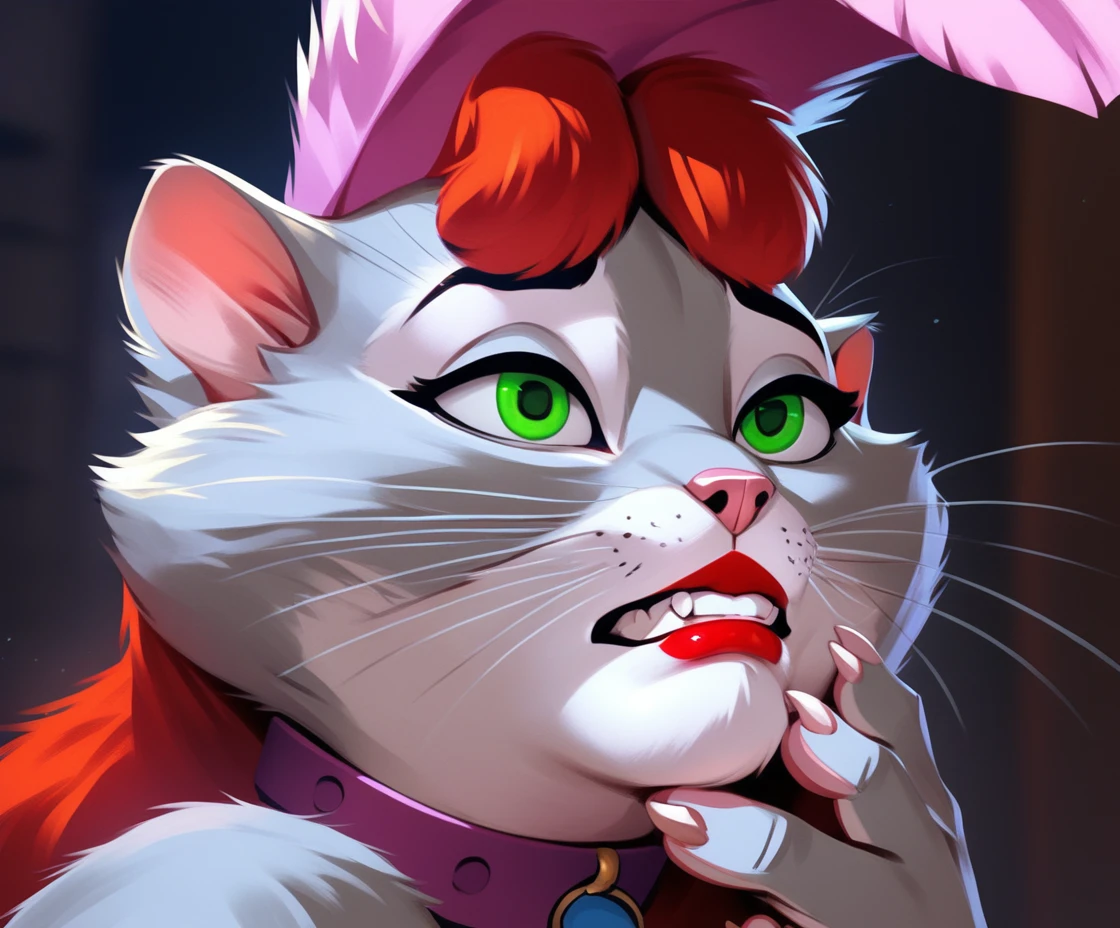 score_9, score_8_up, score_7_up, score_6_up, score_5_up, score_4_up, realistic, cinematic lighting, solo, miss kitty, collar, female, green eyes, lipstick, feather headwear, red hair, hand to chin, frown, teeth, side view, sad, house, by pixelsketcher, <lora:MissKittyXL_03-Pony-nd32-lr2e-4-ep08:1>