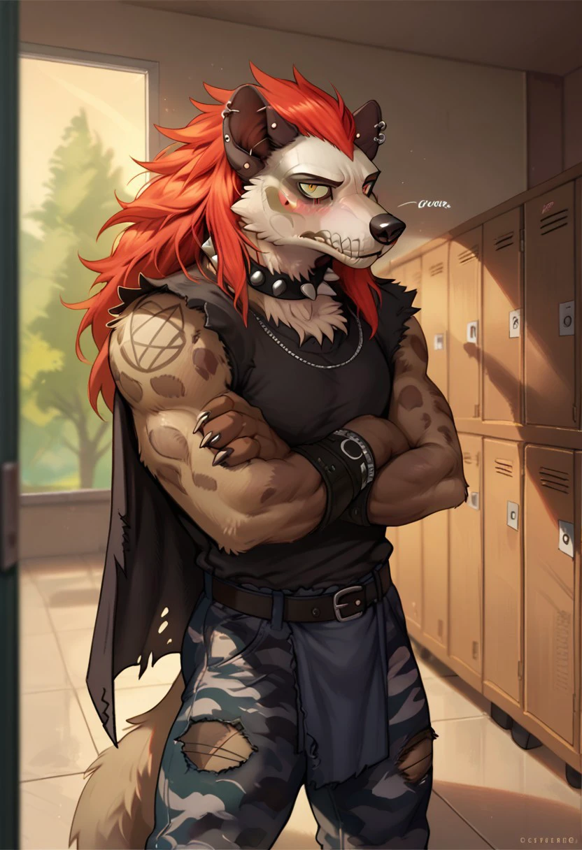 forsburnLovers, hyena, brown fur, spotted fur, red hair, face paint, skull, male, yellow eyes, solo, 1boy, cape, torn cape, loincloth, holding knife, male, masculine, arms crossed, school hallway, lockers, looking away, neutral expression, blush, score_9, score_8_up, score_7_up, score_6_up, score_5_up, score_4_up zPDXL, solo, light effects, (high quality:1), (realistic:1.2), good anatomy, muscular, solo, nice angle, (fullbody:1),  standing, sleeveless shirt, camouflage pants, spiked collar, jewelry, bracelet, earrings, combat boots