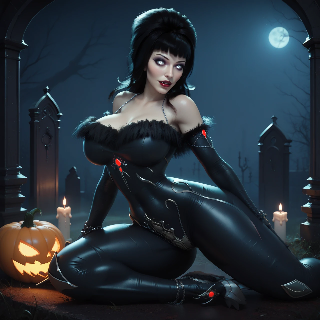 score_9, score_8_up, score_7_up,
by moonlight, cemetery, night, spooky,
1girl, beautiful woman,  (mature female:1.4), black hair, long hair, , red lipstick, makeup, black eyeshadow, eyeliner, white eyes, naughty face,
vistrac016, 1girl, elvira, vampire,  <lora:Elvira_02:0.8> shiny, jumpsuit,  chains, fur, , gloves, pale skin, vampire teeth