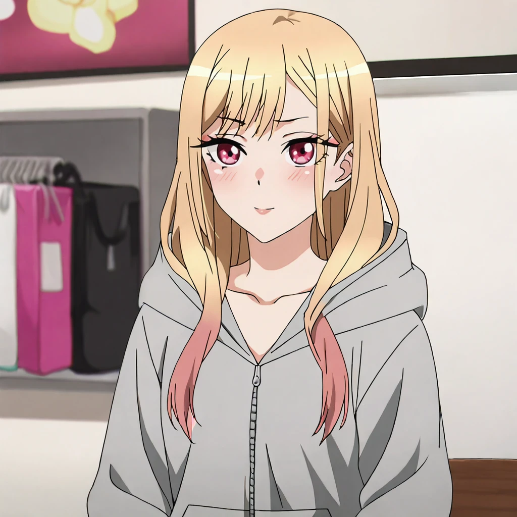 <lora:marin_pony_v1:.8> MarinDarlingGreyJacket, kitagawa marin, 1girl, blonde hair, hood, long hair, grey hoodie, multicolored hair, red eyes, bangs, pink hair, bare legs, collarbone, gyaru, gradient hair, cowboy shot