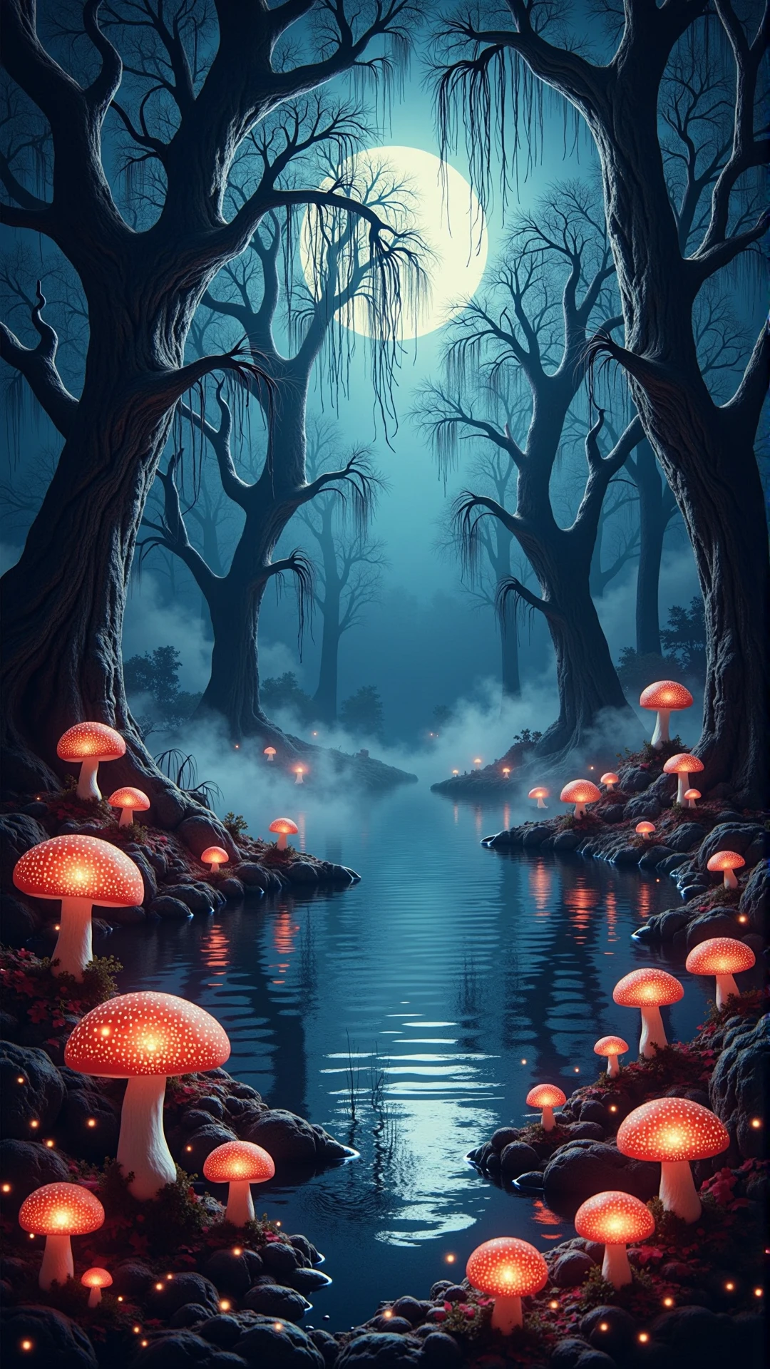 A realistic dark haunted cursed atmospheric photo of Mystical forest, moonlit pond, whispering willows, secret language of waves, bioluminescent flora, glowing mushrooms, fireflies, full moon, misty atmosphere, enchanted, dreamlike, ethereal, otherworldly, detailed, vibrant colors, dramatic lighting.<lora:DarkmosphericFlux:0.65>