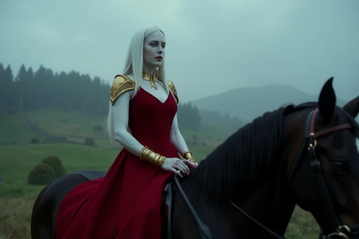 Carmilla riding a black stallion through misty hills at dusk. <lora:carmilla_v1:1.2> cinematography. moody atmosphere. film scene by denis villeneuve. Carmilla's long straight bright white hair and white eyebrows, her short sleeved low-cut red gown with a high red collar with gold accents and open sides adorned with golden shoulder pads, hugs her figure while flowing gracefully. Her arms are bare except for gold metal forearm bracelet wraps. She has ghostly pale skin. Her icy blue eyes maintain contact.  from above.