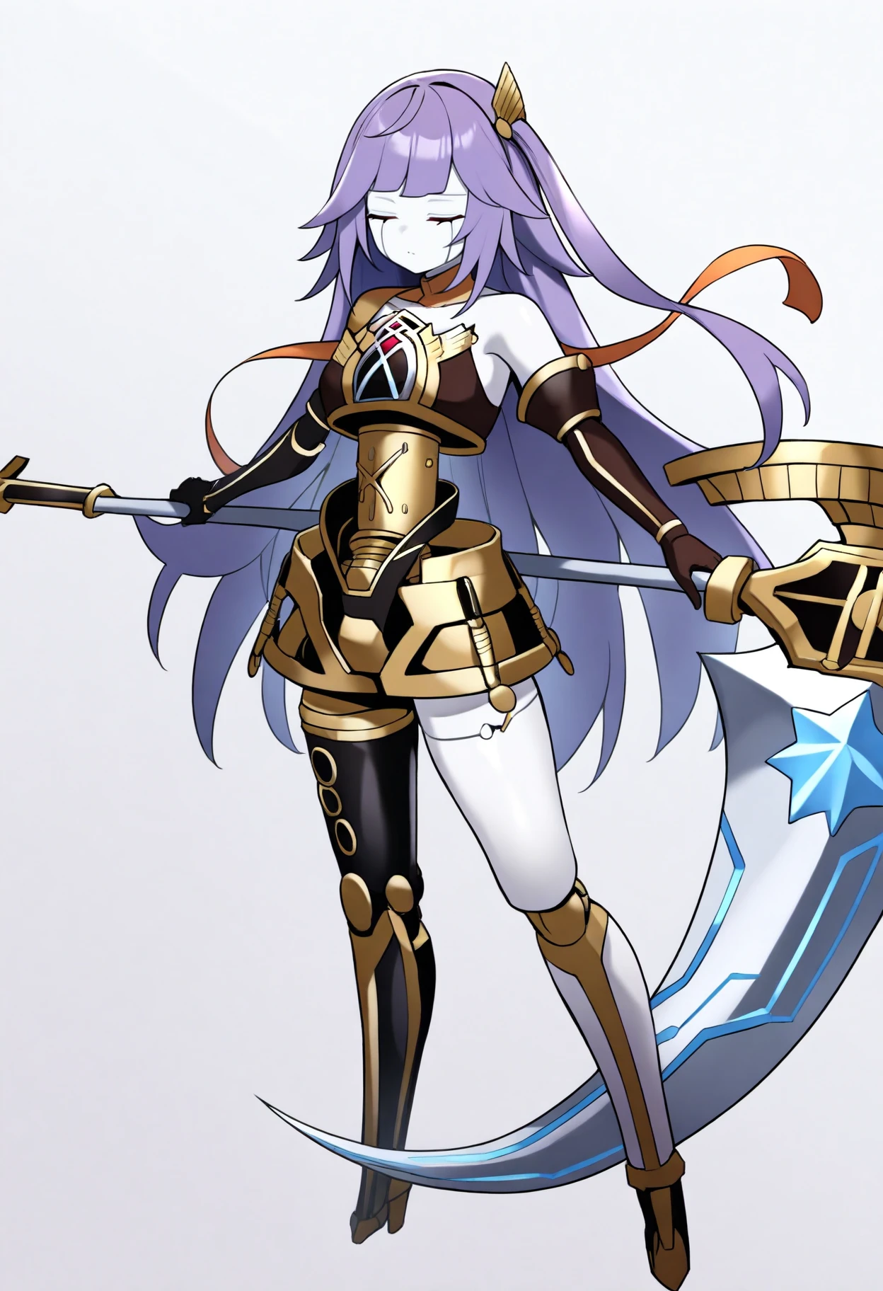 best quality, amazing quality, very aesthetic, absurdres,
1girl, orcustgalatea, purple hair, long hair, android, closed eyes,
doll joints, duel monster, elbow gloves, joints, robot, robot joints,
holding scythe, weapon,
full body, standing, solo, simple background, white background    <lora:OrcustGalateaIllustriousXL_byKonan:1>