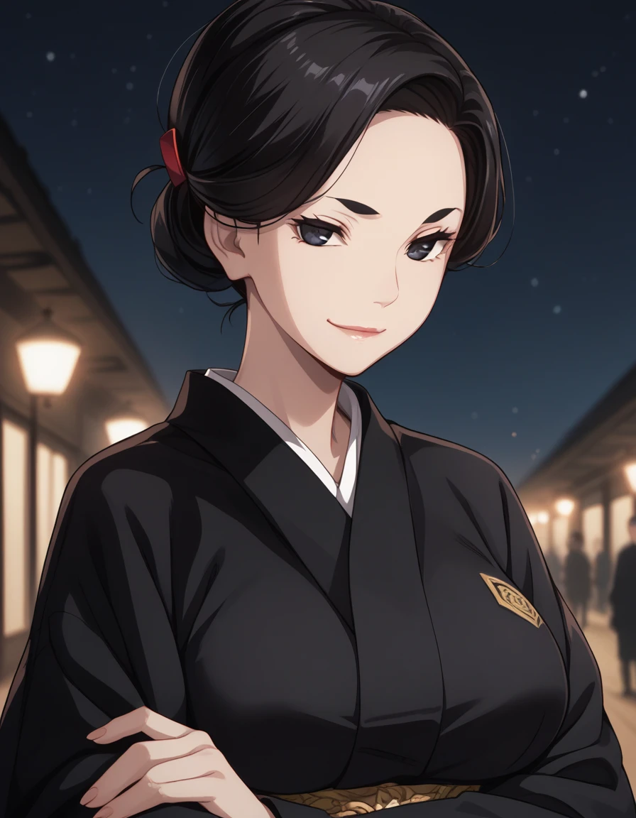 score_9, score_8_up, score_7_up BREAK 1girl, solo, nagami misuzu, mature female, black hair, short hair, single hair bun, forehead, black eyes, lips, (light smile, smug:0.7), closed mouth, big breasts, black kimono, portrait, night, dark background, outdoor, depth of field <lora:nagami_misuzu_erewhon_pdxl_v1:0.8>