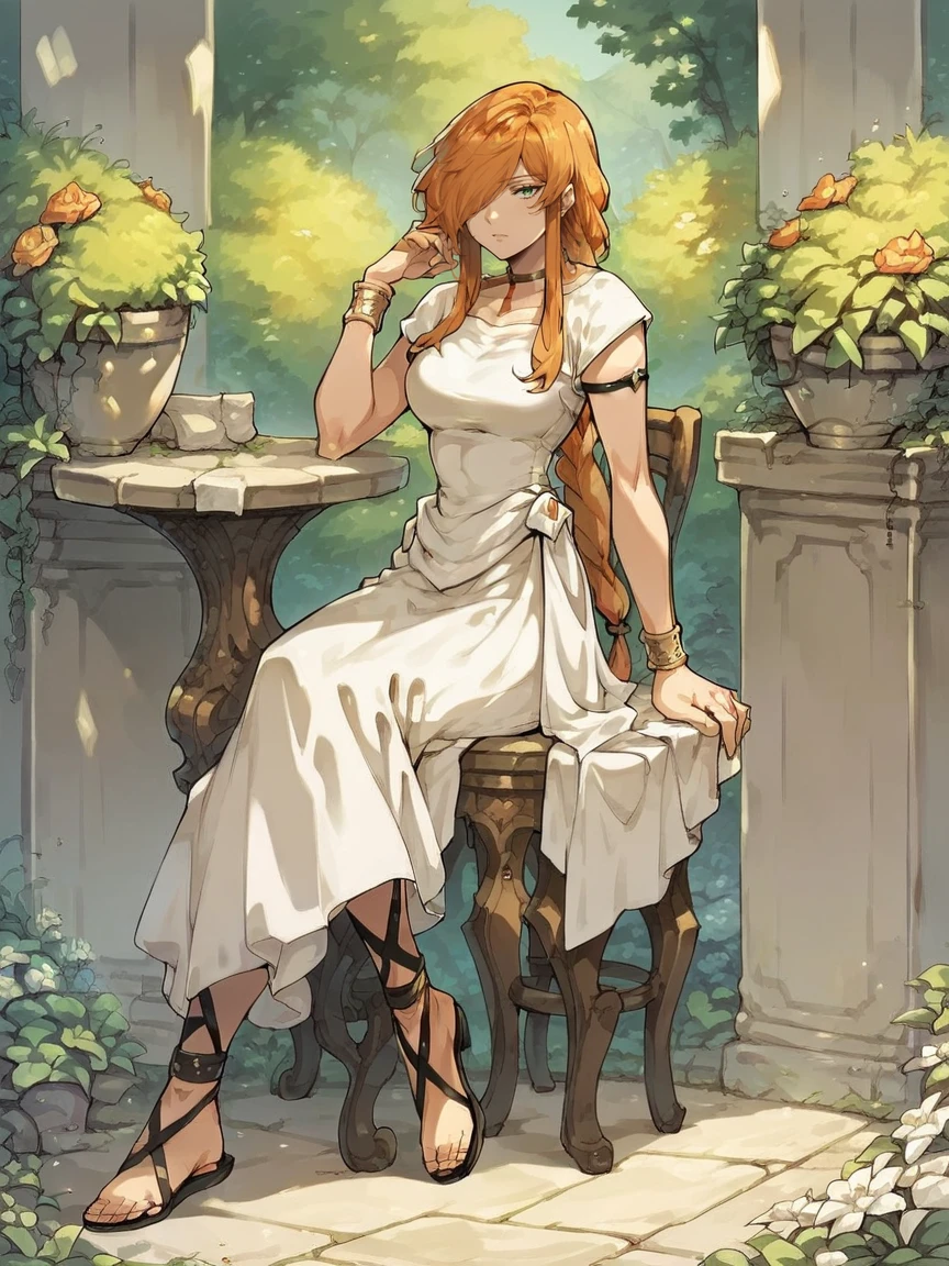 score_9, score_8_up, score_7_up, score_6_up, score_5_up, <lora:flammeXLP:1> flamme, 1girl, long hair, solo, braid, orange hair, hair over one eye, white dress, choker, sandals, green eyes, bracelet, sitting