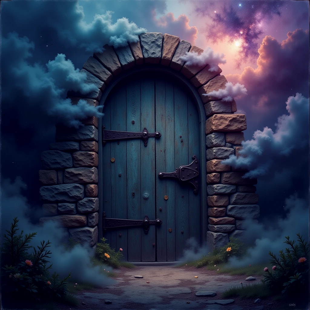 A closed and locked rustic doorway, sealed with old black metal hasps and locks. Surrounded by cosmic cloud, stars, nebulae, aurora. Atmospheric, moody, rustic, misty. Colorful pastel hues.

FntsyPstlCE style