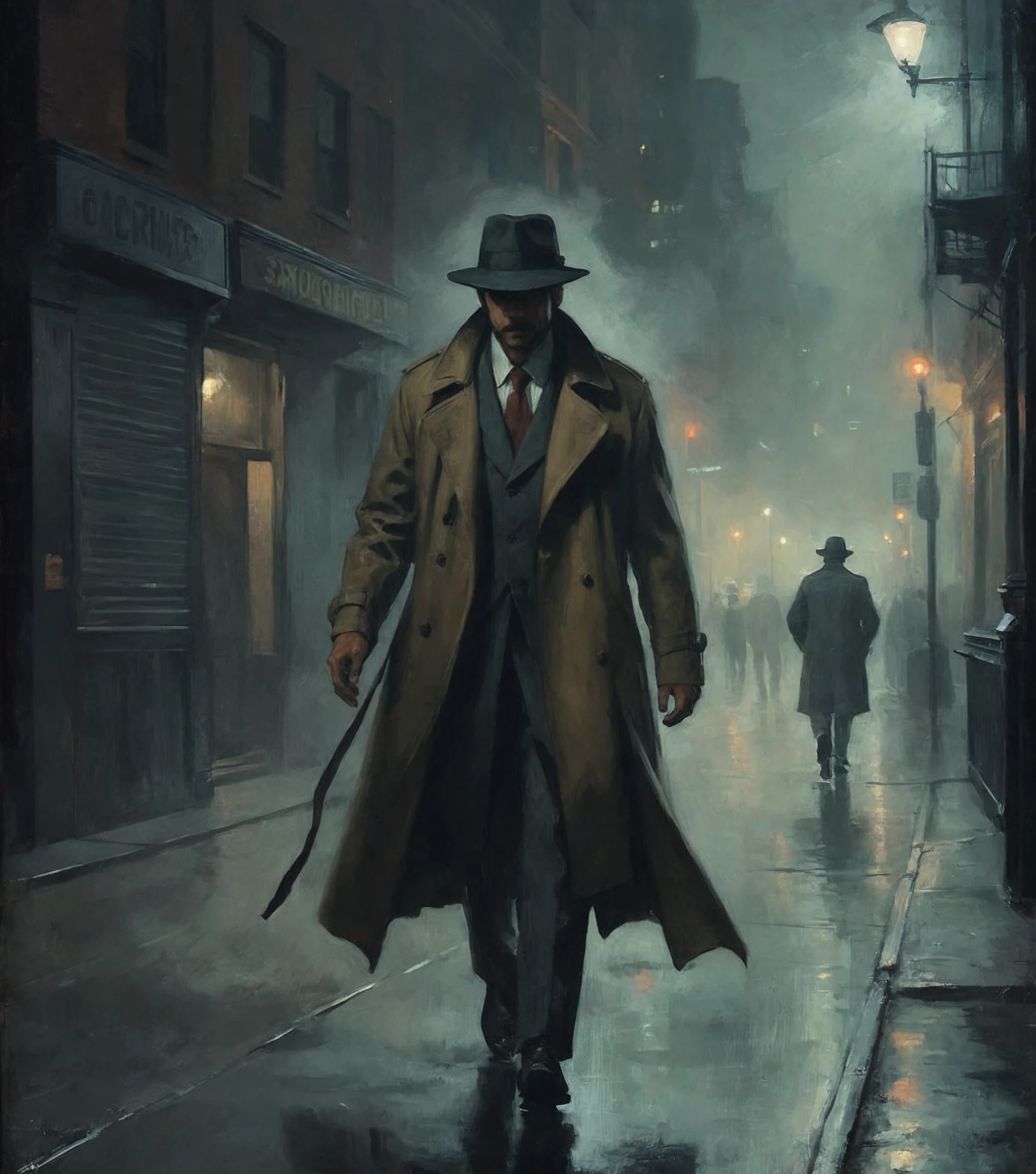 a 16th century painting of a neo noir detective, wearing a trenchcoat and a hat, walking in the dark streets of chicago at night, haze, fog, dark, chiaroscuro, sfumato, contrasted