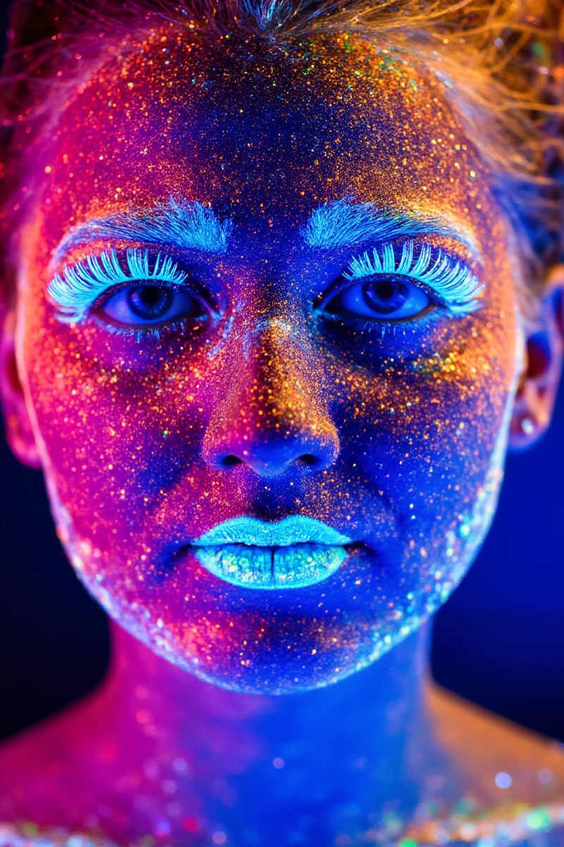 A photograph of a woman's luminescent face with vibrant, glowing makeup. Her skin is covered in bright orange, red, and blue colors, creating a striking contrast with her natural skin tone. The makeup is heavily applied, with a focus on the eyes and lips, the lips and eyelashes are glowing bright blue. She has a neutral expression. The image is artistic and colorful.  <lora:makeup_art_FLUX_v1-000029:1>