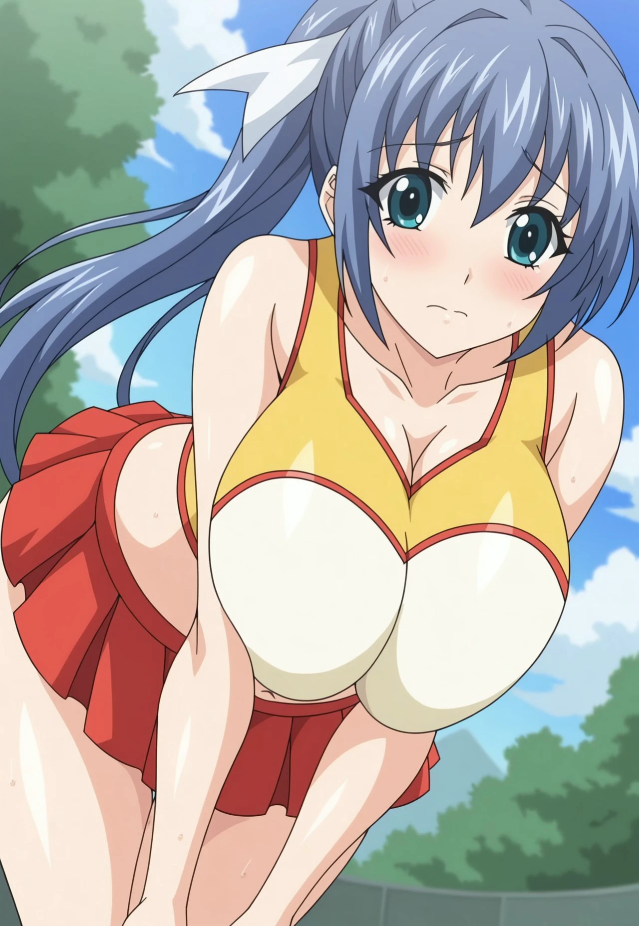 from side,anime,anime style,blue hair,orange eyes,twin tail,(huge breasts),fang,tuile_(gravion),two side up,bikini,(beach:1),smile,open mouth,contrapposto,cowboy shot