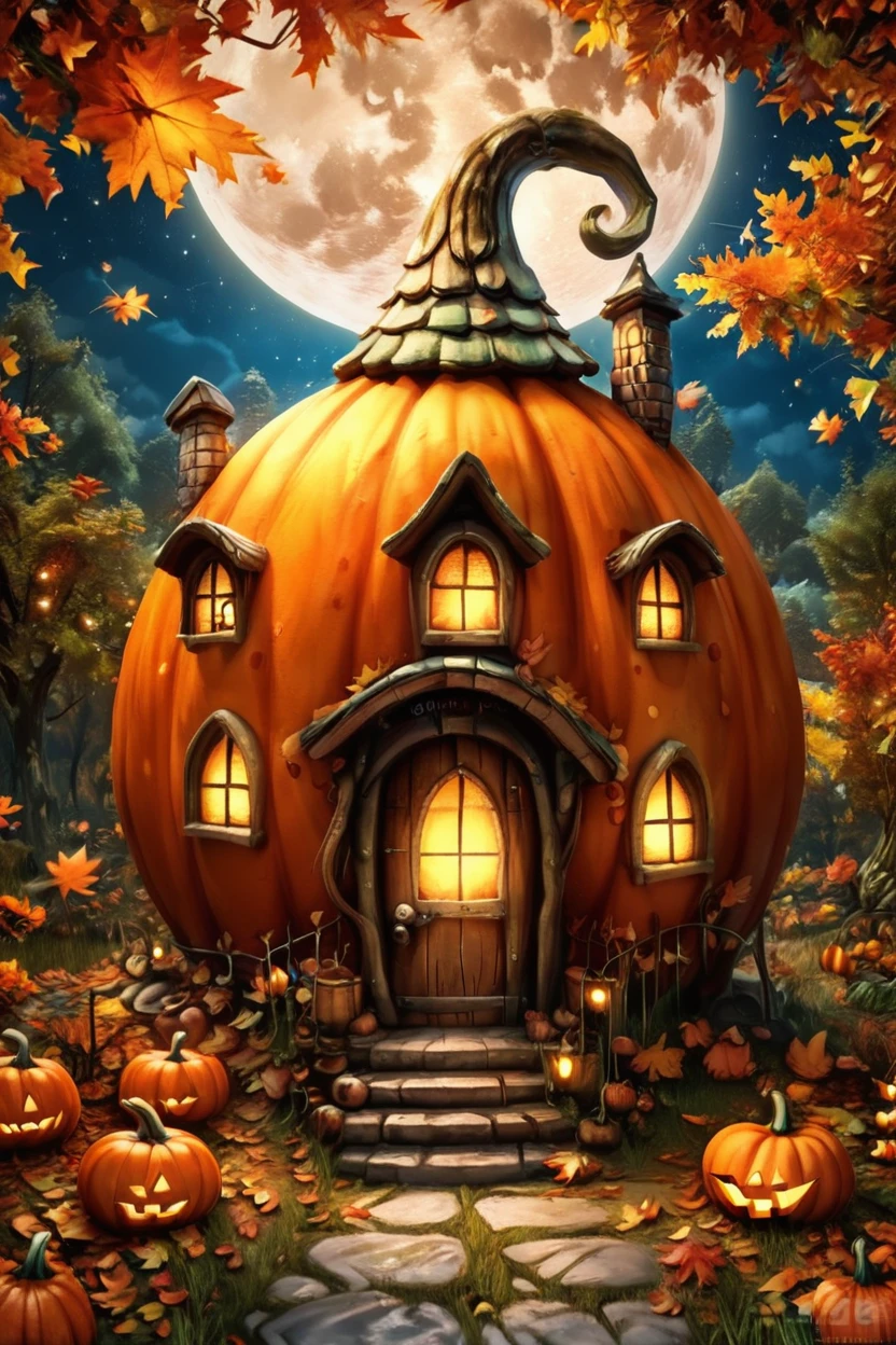 score_9, score_8_up, score_8,  ,,,  zzPumpkinHouse, starry sky, moon, leaf, watermark, grass, jack-o'-lantern, autumn leaves ,<lora:PumpkinHouse_PDXL_v1:0.8>,  ,,, embedding:zPDXL,  <lora:SDXLFaeTastic2400:0.5>,