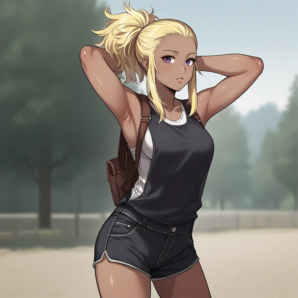 score_9, score_8_up, score_7_up, score_6_up, score_5_up, score_4_up, zPDXL2,source_anime,rating_questionable,1girl, solo, looking at viewer, cowboy shot, outdoors, singlet, shorts, hands behind head, <lora:Flavia_FE:0.8> flavia_fe, blonde hair, dark-skinned female, purple eyes, ponytail,