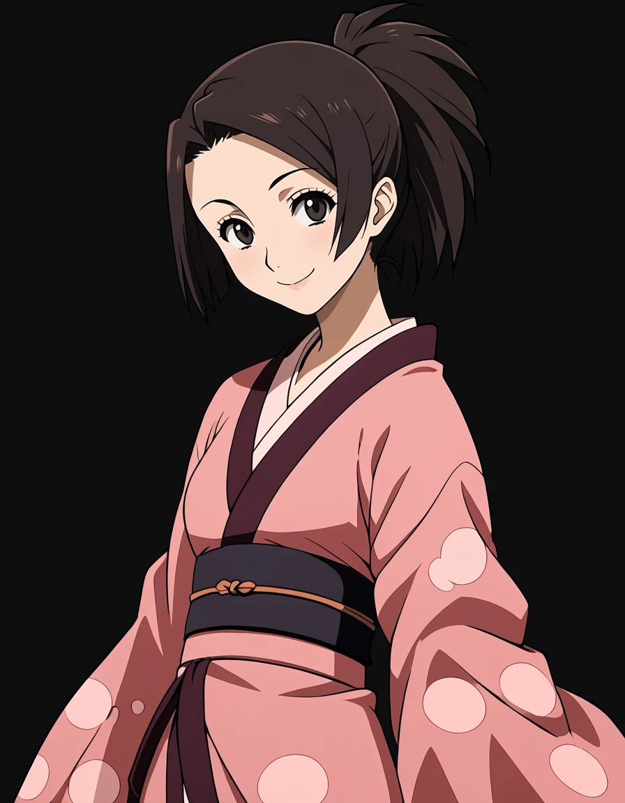 <lora:Fuu Samurai Shamploo:1> Fuu, 1girl, smile, solo, simple black background, japanese clothes