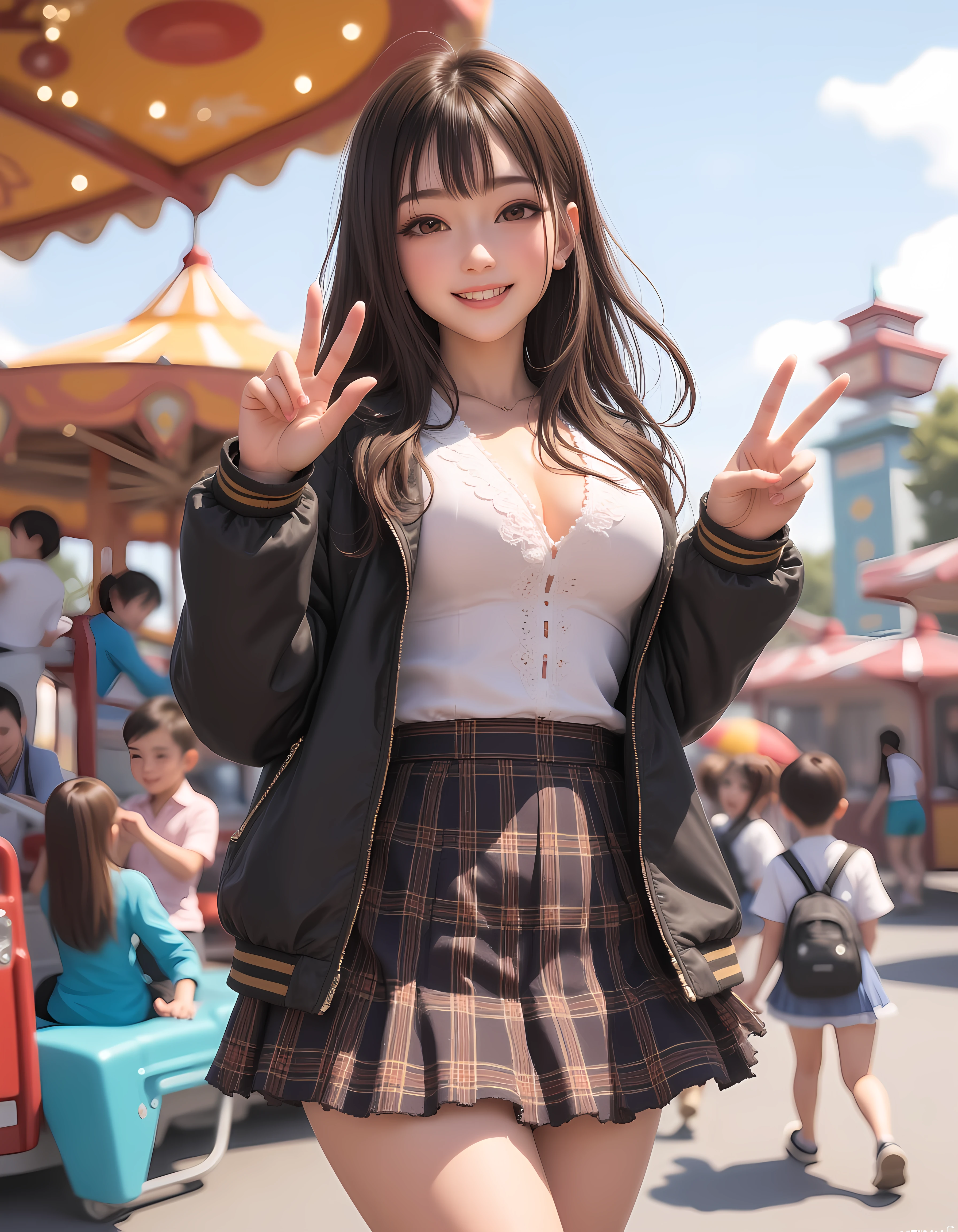 real photo of a beautiful 30yo woman in lacey shirt, school uniform jacket, plaid skirt, in an amusement park, smiling, v hand sign, 30cm wide thighs, 20cm wide waist <lora:beauty_standard5:0.85>