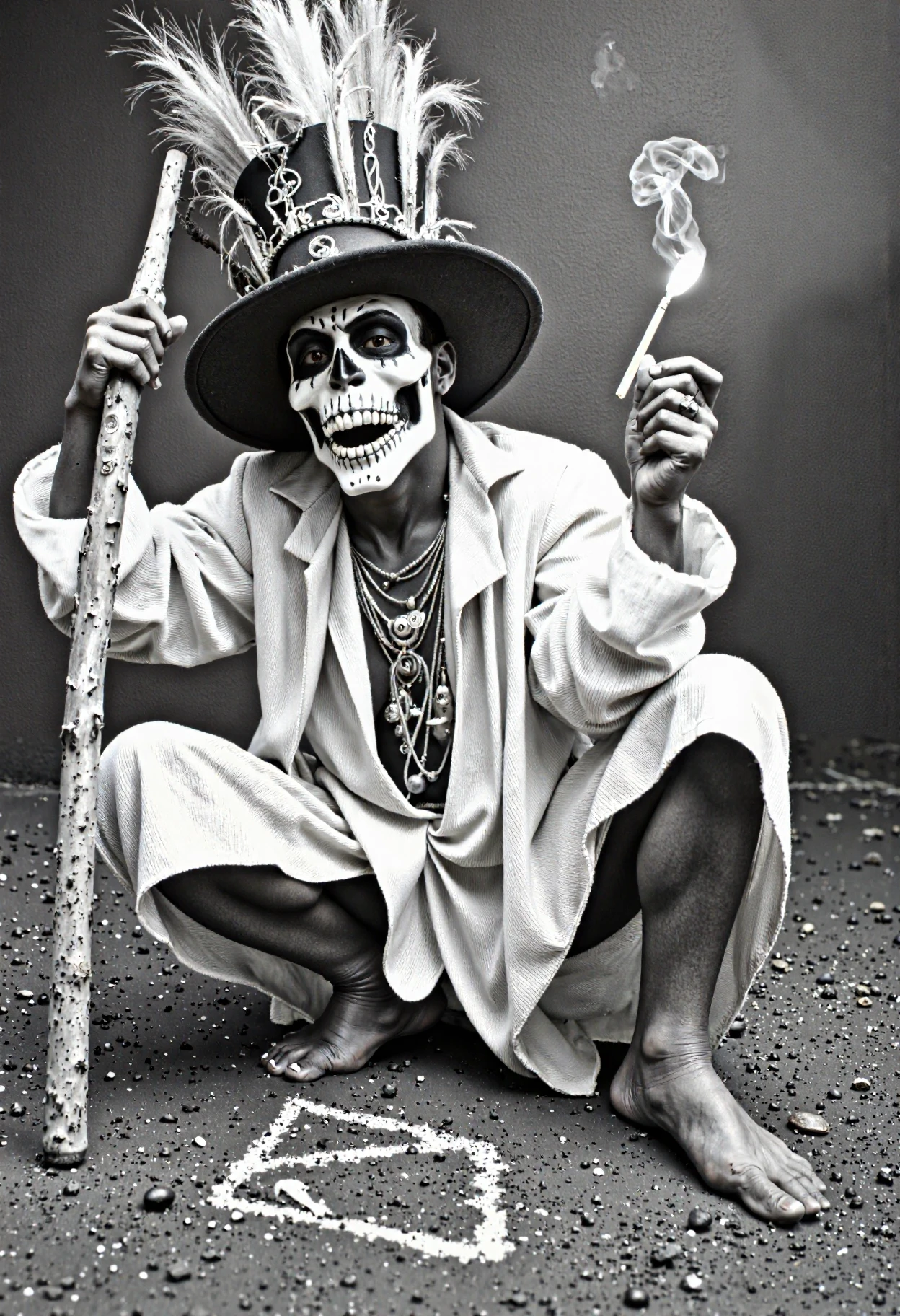 baron_samedi,An intense black-and-white photo of Baron Samedi performing a voodoo ritual. He holds a cane and a lit cigar, his skeletal face makeup glowing faintly under the moonlight. The ritual scene is bathed in dark shadows, with symbols drawn in the dirt around him.