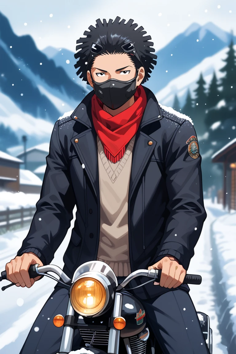 score_9, score_8_up, score_7_up, source_anime, rating_questionable, snowing, natural lighting, male focus, riding, TaiseiAC, black_Taisei_afro, black_Taisei_eyes, snow goggles, sweater, jacket, bandana mask, winter clothes, 1boy, blurry outdoors mountain, scenery, ground vehicle, motorbike, intricately detailed illustration, sweatdrop, atmospheric perspective, depth of field, realistic shading