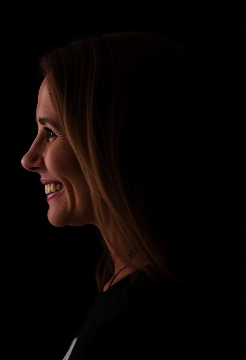 a face profile photo of mareilehoeppner, a woman. She is smiling. The background is black. The image is lit in such a way that her head appears to glow around its outline.