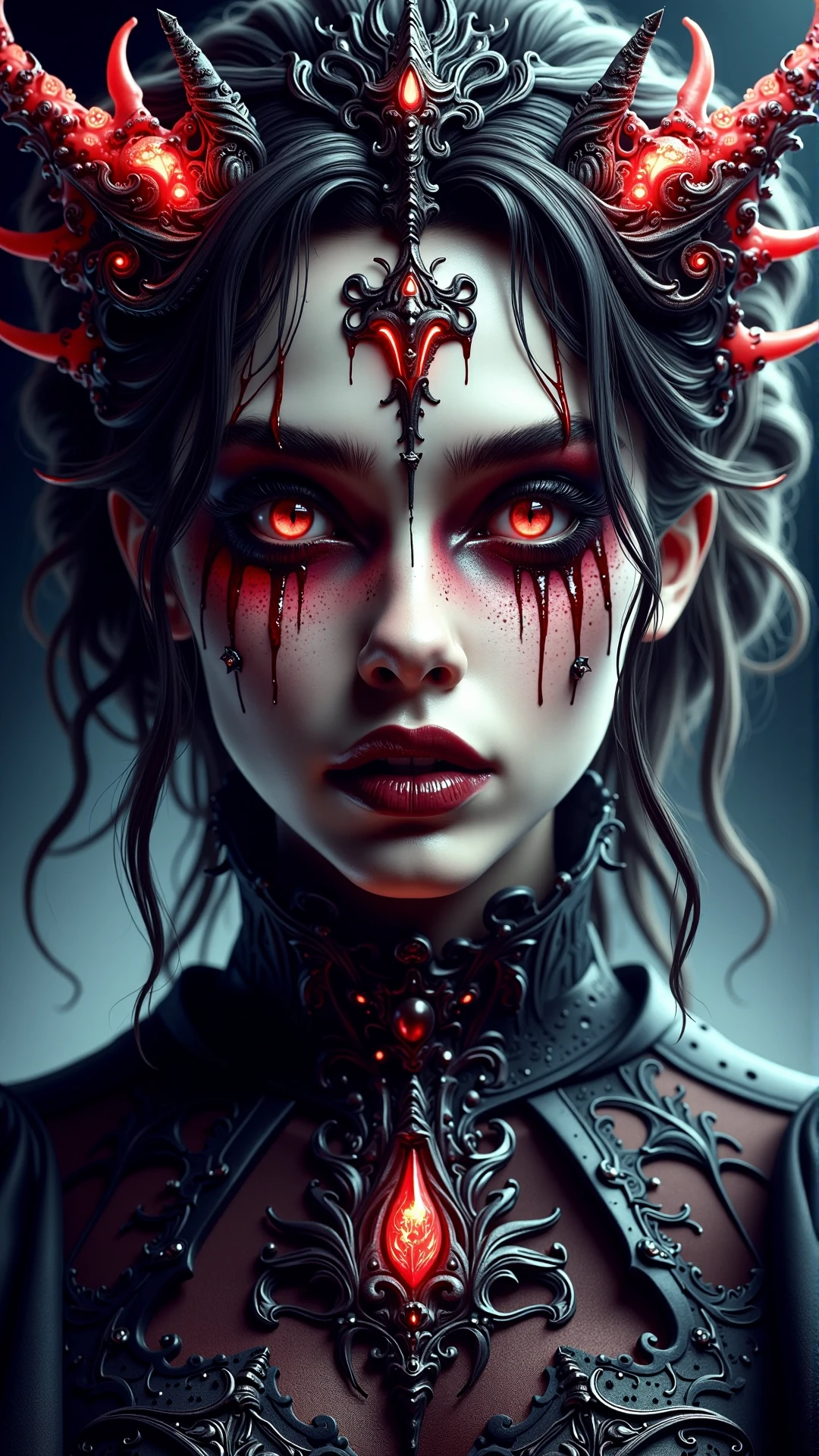 A realistic photo of ultra realistic illustration, zoe kravitz, emma stone hybrid as the gothic vampire queen, demon wings intricate, elegant, highly detailed, digital painting, artstation, concept art, smooth, sharp focus, illustration, art by artgerm and greg rutkowski and alphonse mucha<lora:DarkmosphericFlux:0.75>