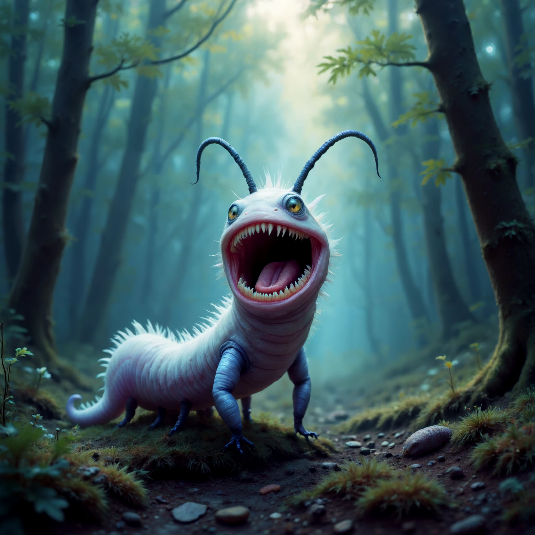 A pale luminous pastel creature, with grey hues, like a segmented worm, standing high on its legs with a wide open mouth. Antennae protrude from its head. It looks like something out of Alice's Adventures in Wonderland.

<lora:FantasyPastel01-04_CE_SDXL_64x32x180x2bOT:1>
FntsyPstlCE style