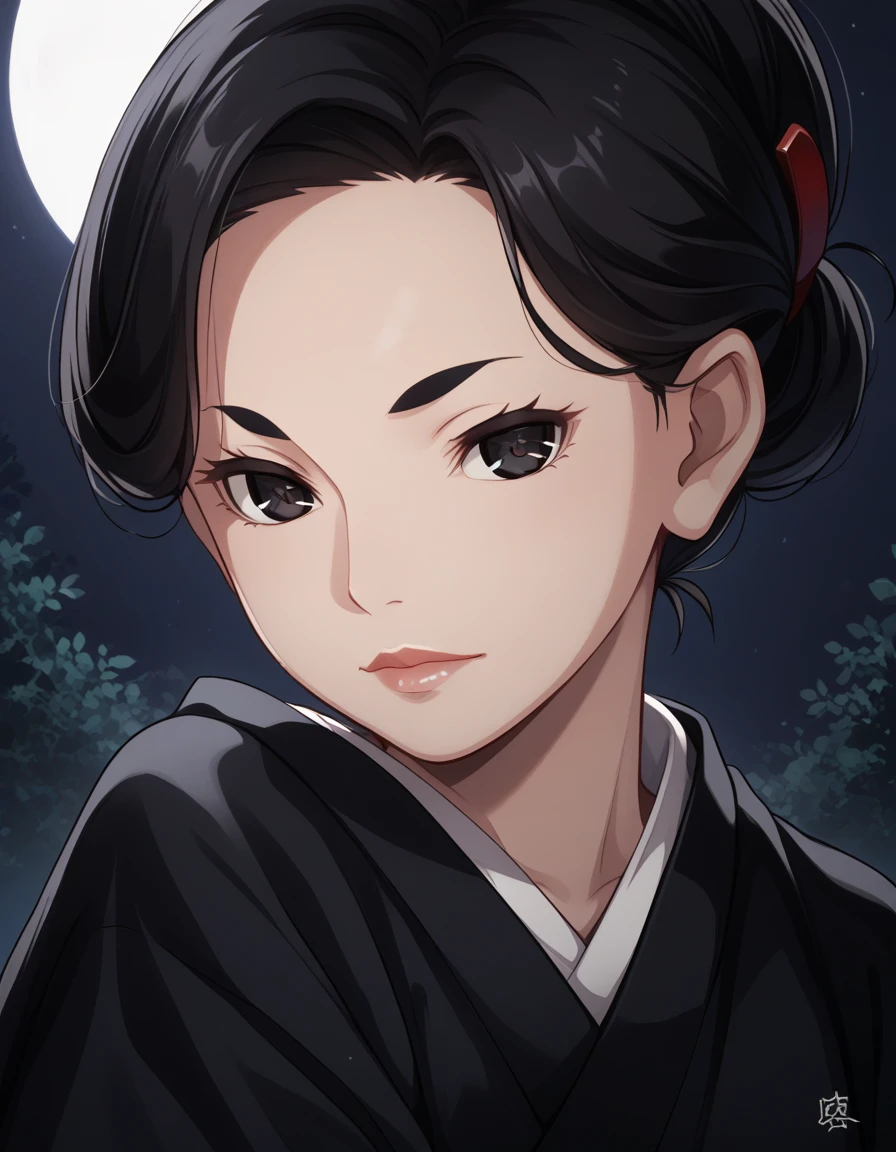 score_9, score_8_up, score_7_up BREAK 1girl, solo, nagami misuzu, mature female, black hair, short hair, single hair bun, forehead, black eyes, lips, black kimono, portrait, night, dark background <lora:nagami_misuzu_erewhon_pdxl_v1:0.8>