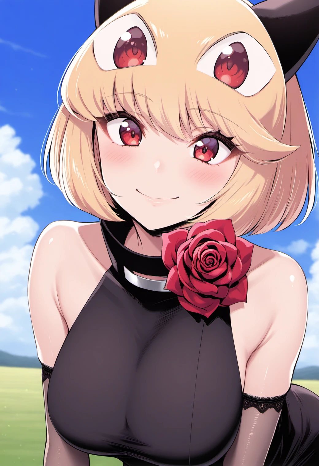 1girl, solo, smile, field, blue sky, close-up, 
zakodebby, red eyes, blonde hair, short hair, animal ears, rose choker, black dress, tube dress, short dress, sleeveless, bridal gauntlets, <lora:debby_the_corsifa_sdxl_ver1:0.8>, masterpiece, best quality, ultra-detailed, very aesthetic, newest,