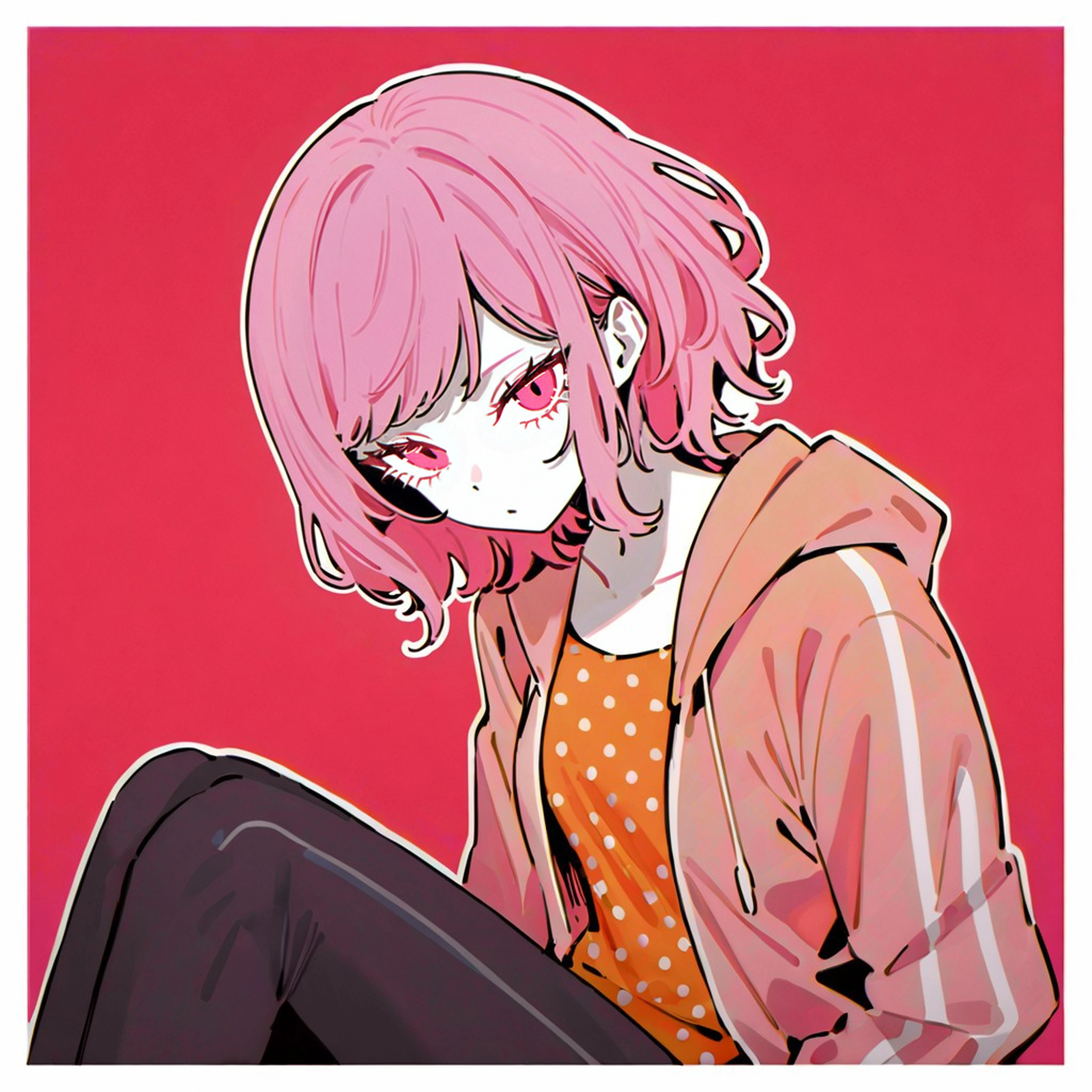 1girl,solo, (pink hair:1.2),short hair,swept bangs,long sidelocks,(pink eyes:1.3),detailed eyes,small breasts, (skinny,narrow waist:1), Curl inward hair, jitome, dutch angle, 
(pink oversized hoodie:1.2),(open hoodie:1.5),[orange polka-dot patterned tank top:0.1], black cropped pants,track pants,[muscular::0.1],sitting on floor
simple pink background,, limited palette,flat color,(neon palette:1.2),  ([orange|pink] theme:1.3),(pop art:1.3),
<lora:Curl_inward_hair:0:1>,<lora:DobunezuMix-Pony:1> ,<lora:Fixhands_anime_bdsqlsz_V1:1>, <lora:Neon_palette:0:0.5>
[(realistic:1)::0.6]
masterpiece, best quality, very aesthetic, absurdres,