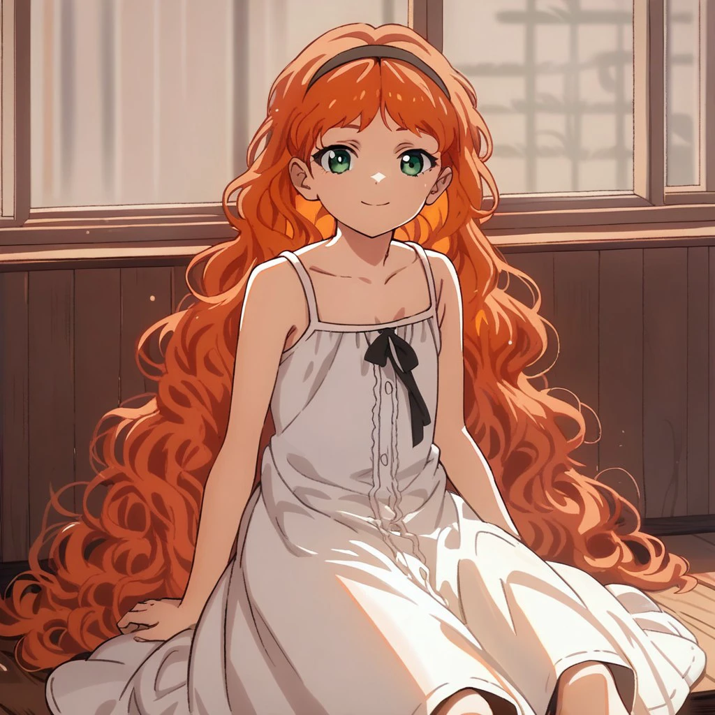 score_9, score_8_up, score_7_up, source_anime, FrillWEP, orange hair, green eyes, hairband, long hair, sleeveless, white dress, sleeveless dress, wavy hair, black hairband, collarbone, indoors, sitting, looking at viewer, very long hair, smile