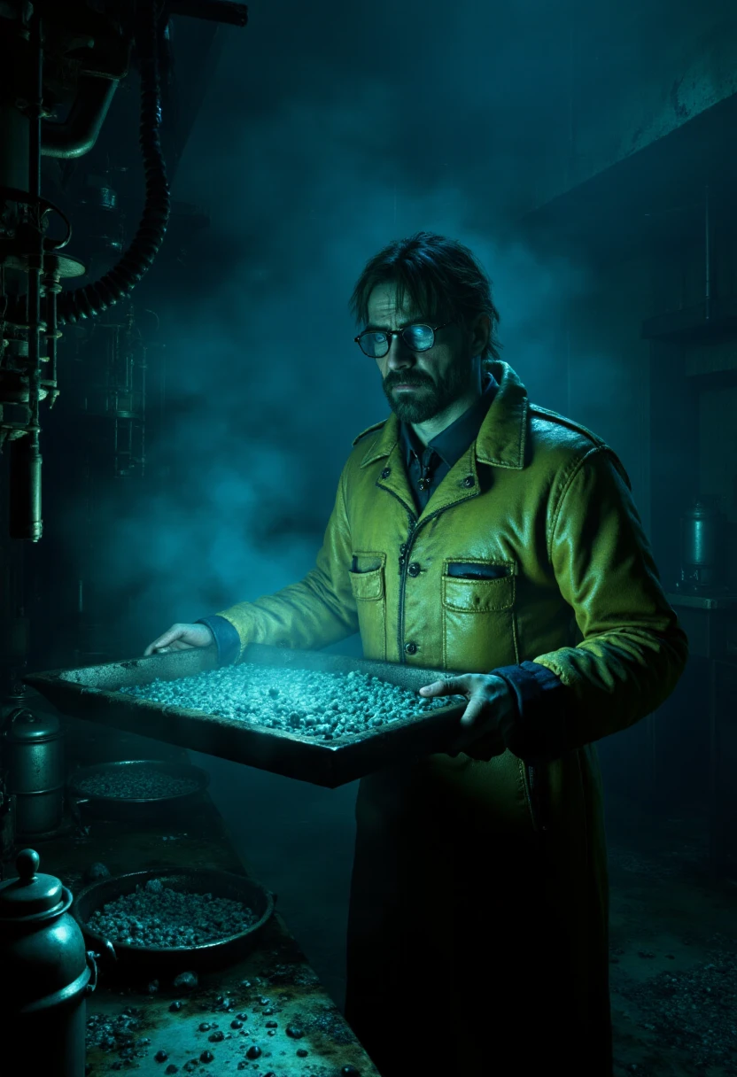 <lora:KFT_Horror_Style_FLUX:0.9>
horror theme, dark, 
 Walter White from Breaking Bad in a hazmat suit in and underground laboratory holding a tray full of small blue crystals