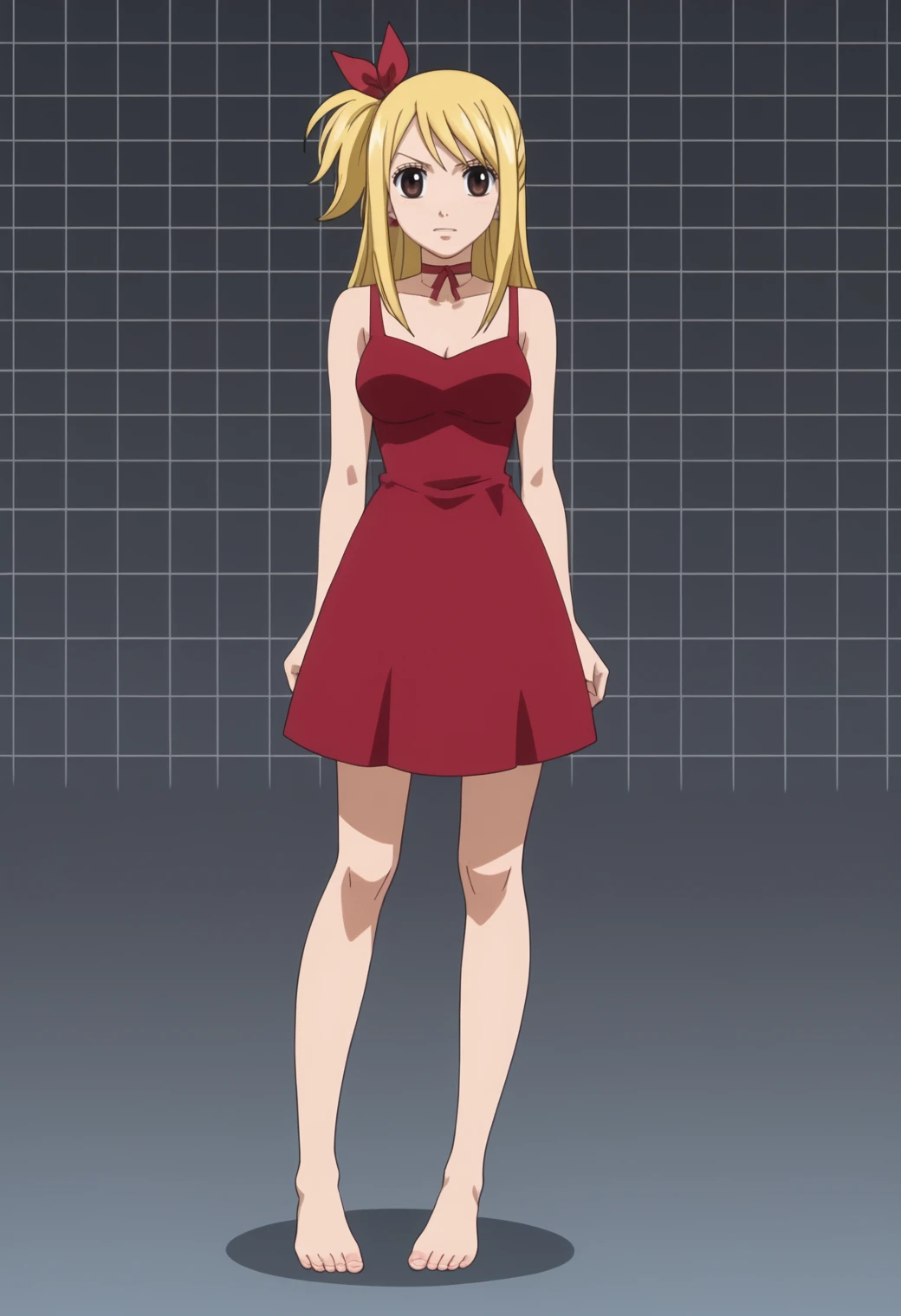 score_9, score_8_up, score_7_up, anime screencap, BREAK, 1girl, solo,   <lora:DX888Lucy:1> lucy heartfilia, brown eyes, one side up,dress, choker, red ribbon, BREAK dark gray background, simple background, grid background, Standing with arms stretched out to sides, feet hip-width apart