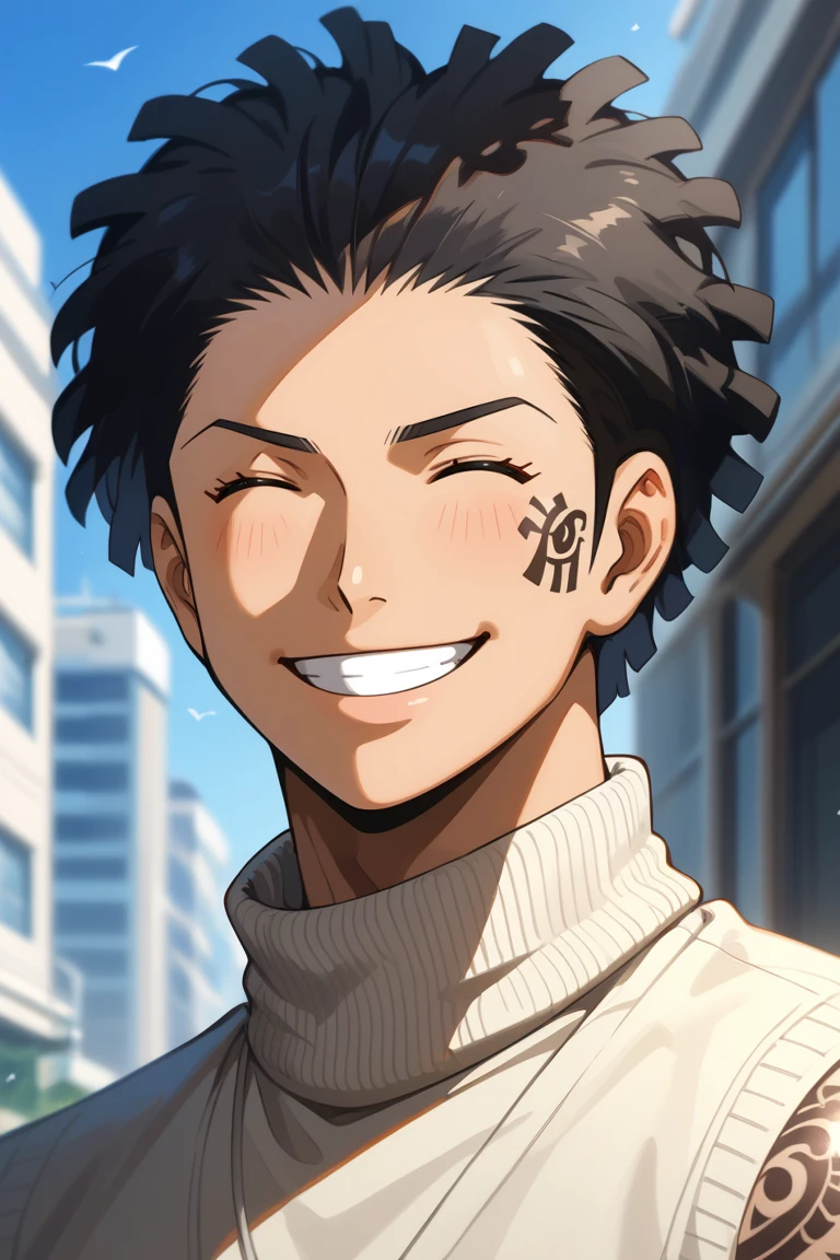 score_9, score_8_up, score_7_up, source_anime, rating_safe, day, natural lighting, male focus, smiling, TaiseiAC, black_Taisei_afro, closed eyes, tattoo on cheek, tattoo, facial mark, wide eyed, turtleneck, wide smile, happy, 1boy, blurry outdoors, building, dutch angle, intricately detailed illustration, sweatdrop, atmospheric perspective, depth of field, realistic shading