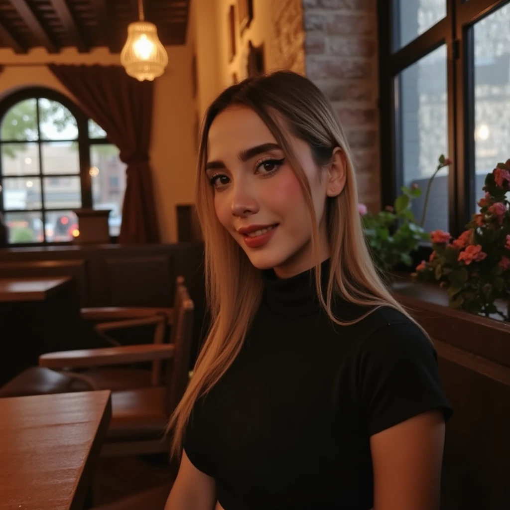 1girl, realistic 4k face portrait of mumusi  wearing turtle neck tight dress, sitting at a cafe looking at viewer