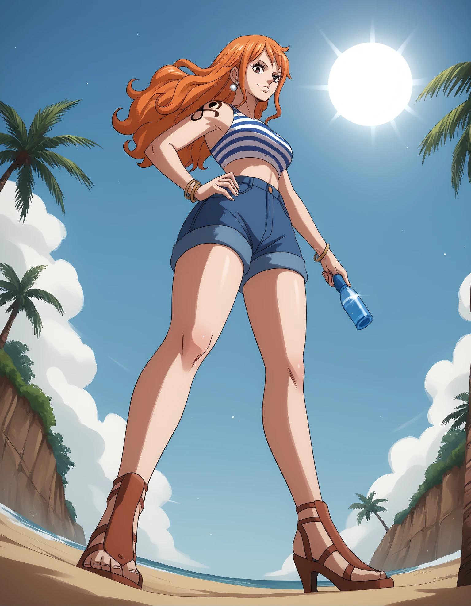 score_9, score_8_up, score_7_up, score_6_up, 
wide angle,
beach,
standing, (low angle:1.2), legs together,
1girl,
nam14mang, orange hair, 1girl, long hair, earrings, shoulder tattoo,
n4mi heels, 
embedding:zPDXLrl ,
embedding:zPDXL2 ,