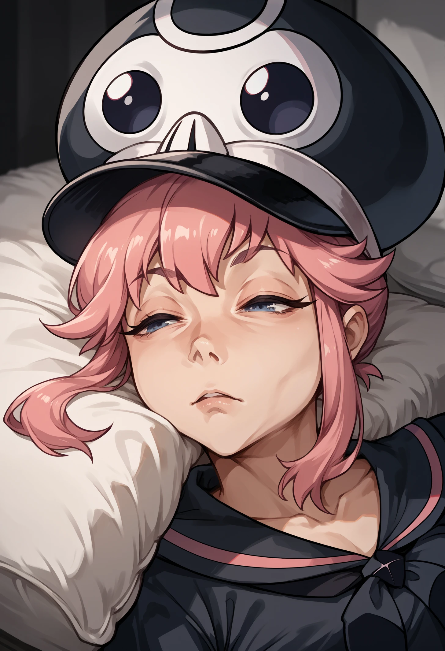 score_9, score_8_up,score_7_up, source_anime, 1girl, solo, lmwkp, half-closed eyes, pillow, on back, lying, on bed, 
upper body,
jakuzure_nonon \(kill la kill\), pink hair, black hat,
<lora:lmwkp_pdxl_EliPot:1>