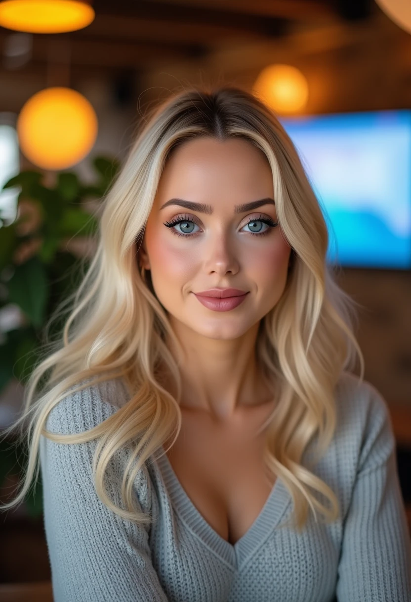 This is a high-resolution, color photograph of a young woman with a light complexion, long, wavy, blonde hair, and striking eyes. She has a soft, natural makeup look with a hint of blush on her cheeks and a light pink lip color. Her expression is neutral, with a slight smile. She is wearing a light grey, knitted sweater that has a subtle texture, suggesting warmth and comfort. The background is softly blurred, with a mix of warm and cool tones, indicating an indoor setting with ambient lighting. The blurred elements include a round yellow light fixture, a hint of greenery, and a blue and white screen, possibly a television or computer monitor. The overall lighting is soft and warm, creating a cozy and intimate atmosphere. The image has a shallow depth of field, focusing sharply on the woman's face while the background is out of focus, emphasizing her as the central subject. The photograph has a professional, studio-like quality, with careful attention to detail and lighting, highlighting her natural beauty and the serene ambiance of the scene. M4RL1