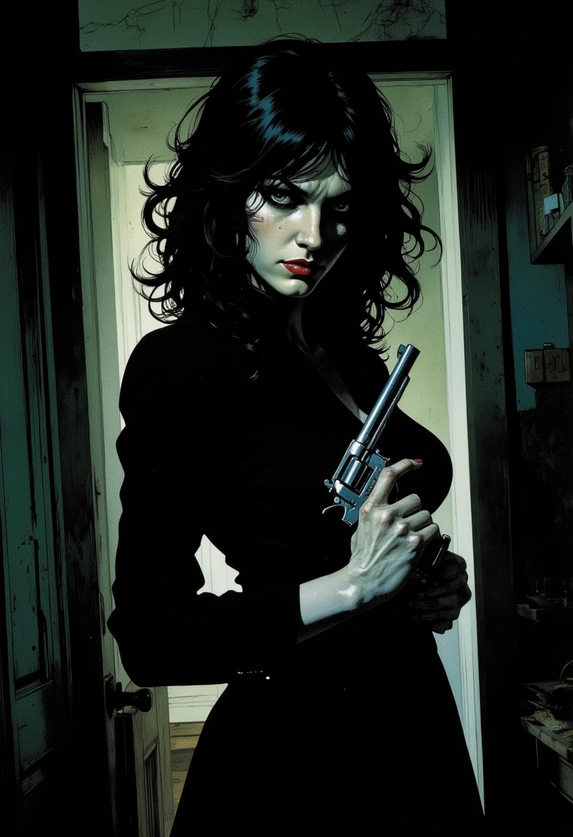 a mysterious woman with dark, wavy hair and piercing eyes stands in the shadows of a dimly lit room. She is holding a small revolver with a delicate yet firm grip. Her red lipstick is the only color that stands out in the darkness, her intentions unclear but dangerous.