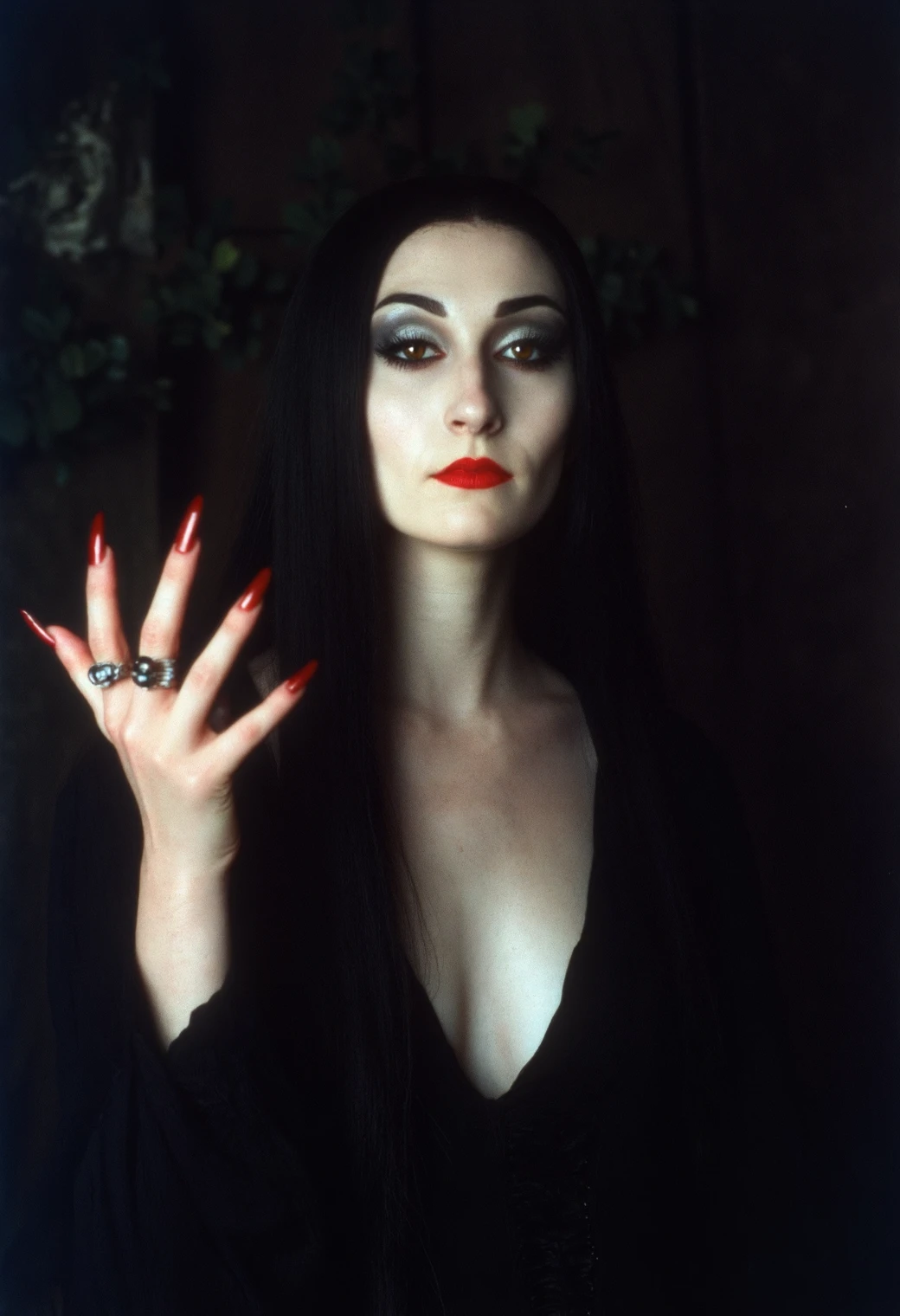 photo of mrtc4ddms, she is putting a spell on the viewer, witch, halloween, goth, 35mm, chiaroscuro, perfect natural lighting, analog film, professional photo shoot