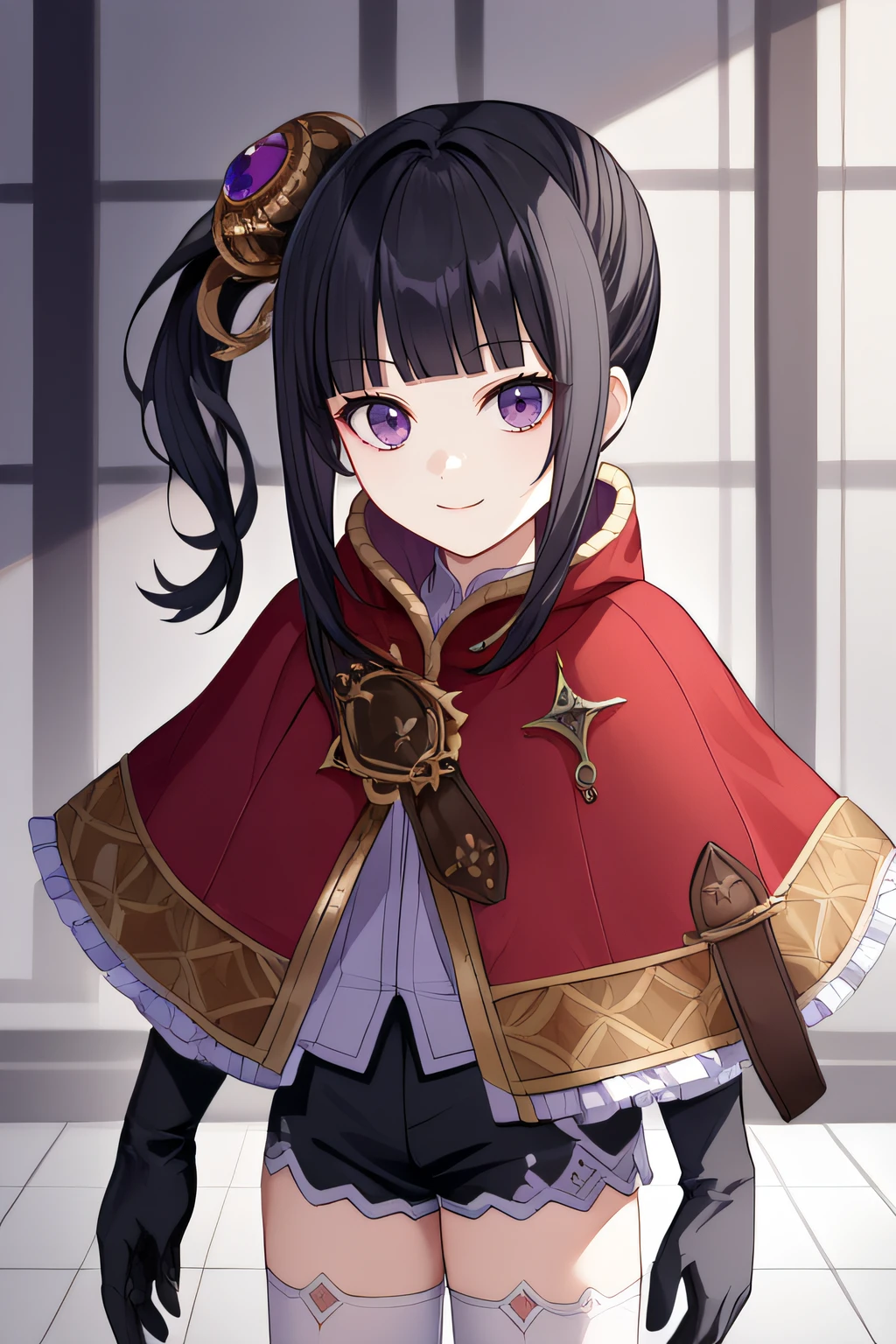 score_9, score_8_up, score_7_up, source_anime, rating_safe, intricate details, official style, 1girl, solo, <lora:Mimi_Houllier:1>, houllier, purple eyes, black hair, side ponytail, blunt bangs, sidelocks, hair ornament, default costume, red capelet, black gloves, black shorts, white thighhighs, looking at viewer, smile, indoor, cowboy shot