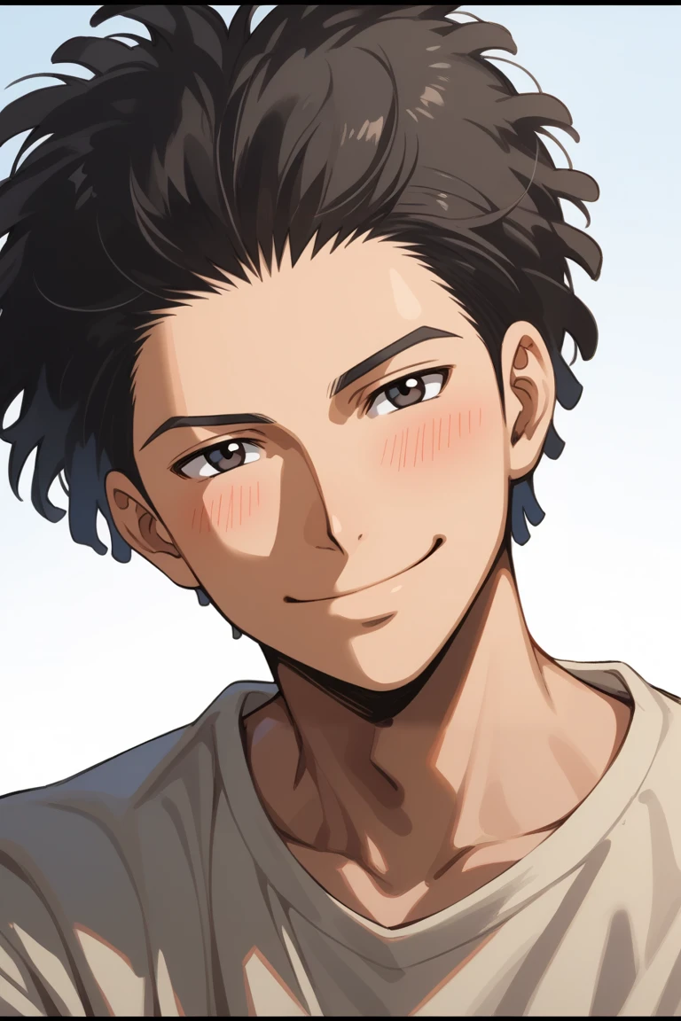 score_9, score_8_up, score_7_up, source_anime, rating_safe, day, natural lighting, male focus, looking at viewer, head tilt, smiling, blushing, TaiseiAC, black_Taisei_afro, black_Taisei_eyes, closed mouth, happy, 1boy, simple plain white background, intricately detailed illustration, realistic shading