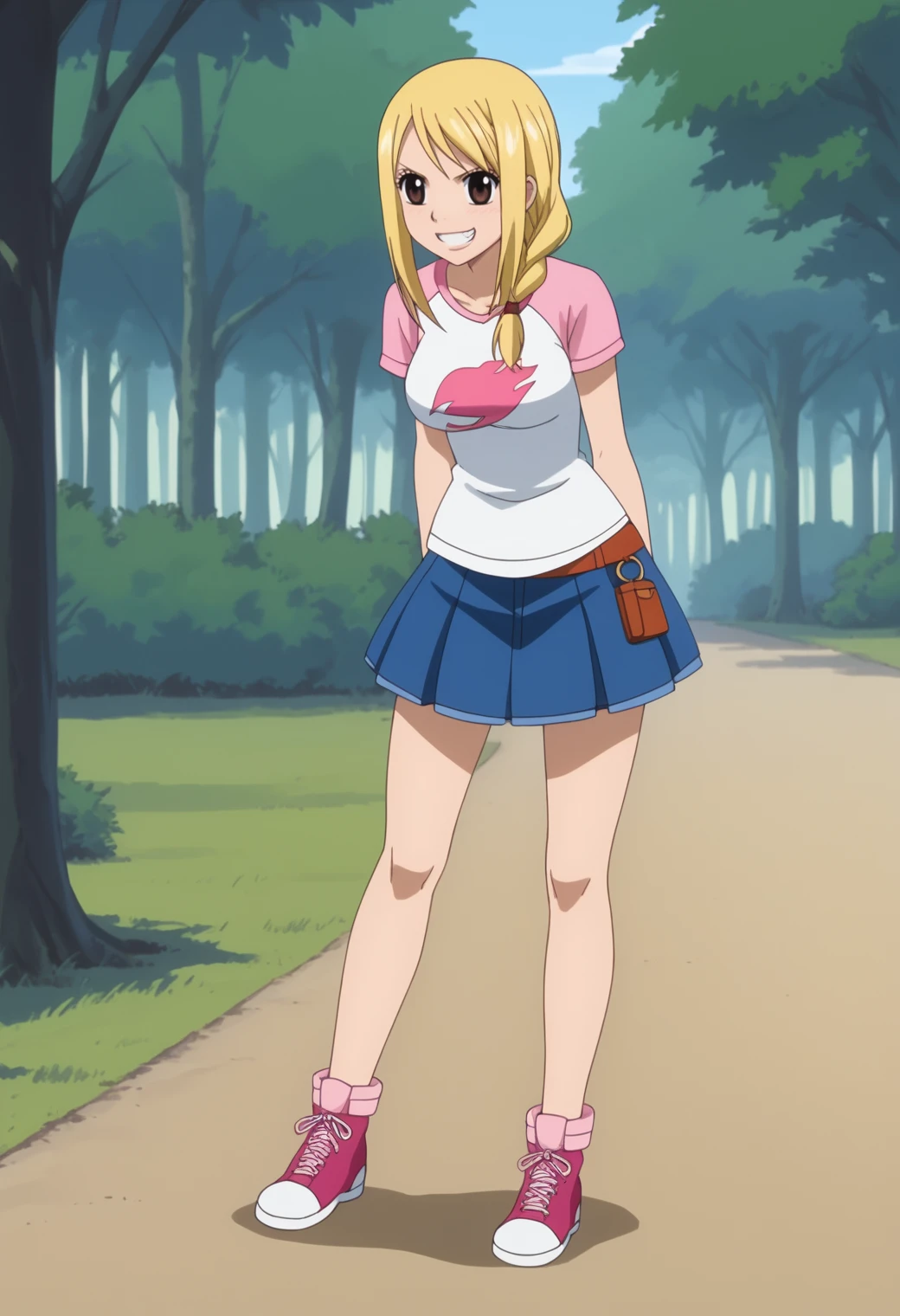 score_9, score_8_up, score_7_up, anime screencap, BREAK, 1girl, solo,   <lora:DX888Lucy:1> lucy heartfilia, brown eyes,  BREAK in a lush forest , trees , outdoors,  mesugaki, naughty grin, smug, open_mouth, :3,:d, smile, fang, Denim Skirt Set - Skirt, T-Shirt, and Sneakers  (single braid, hair over shoulder)