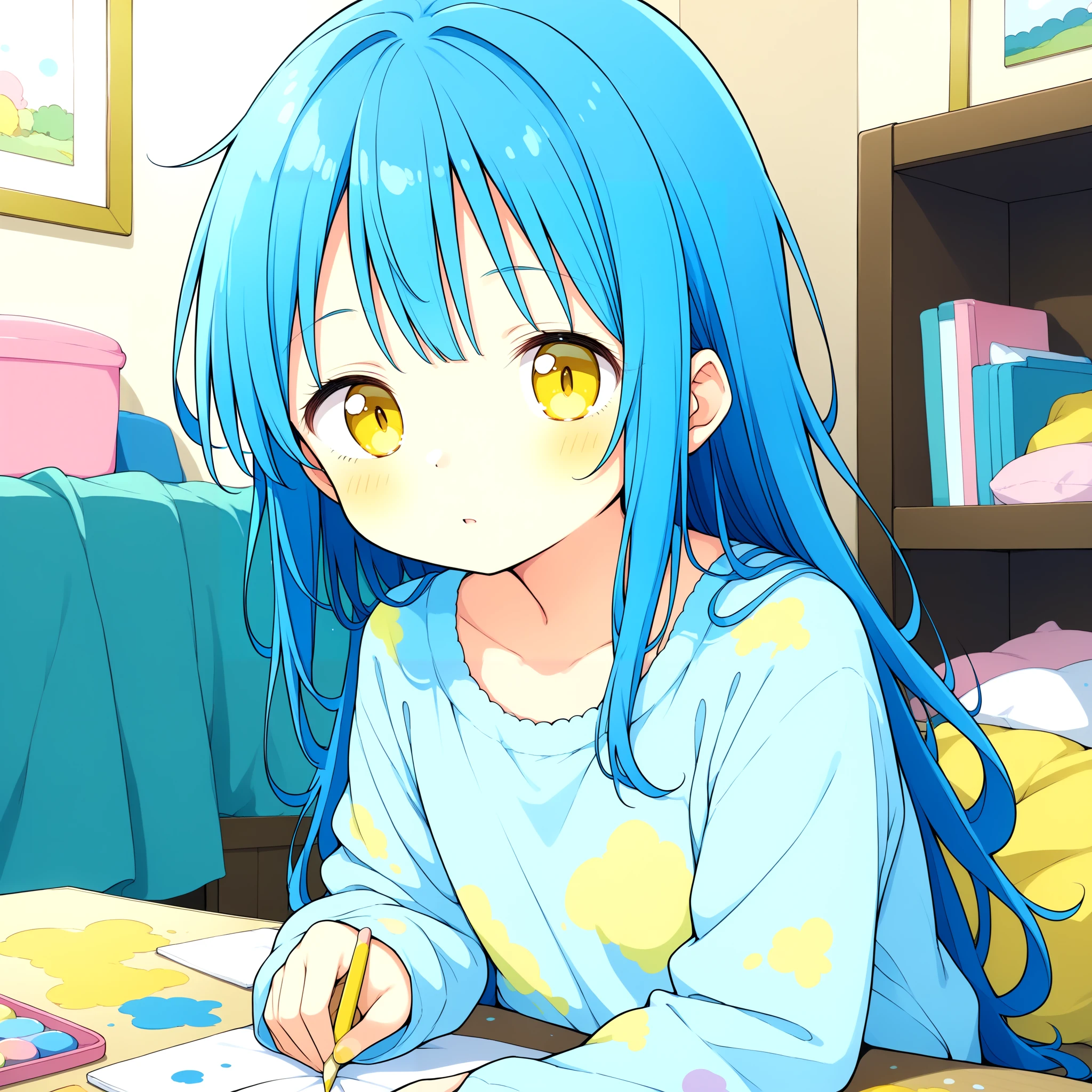 <lora:Gouache_SDXL_v2:0.7>, 1girl, long sleeves, blue hair, yellow eyes, messy room, pastel colors, Gouache