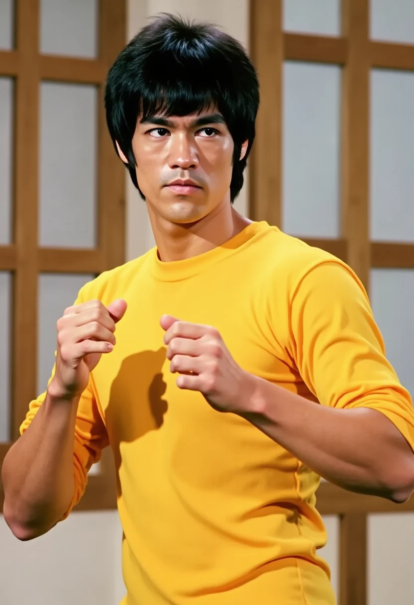 BL man Bruce Lee in a yellow t-shirt, standing in front of a wall with a window in the background. He has a determined expression on his face, in fighting stance